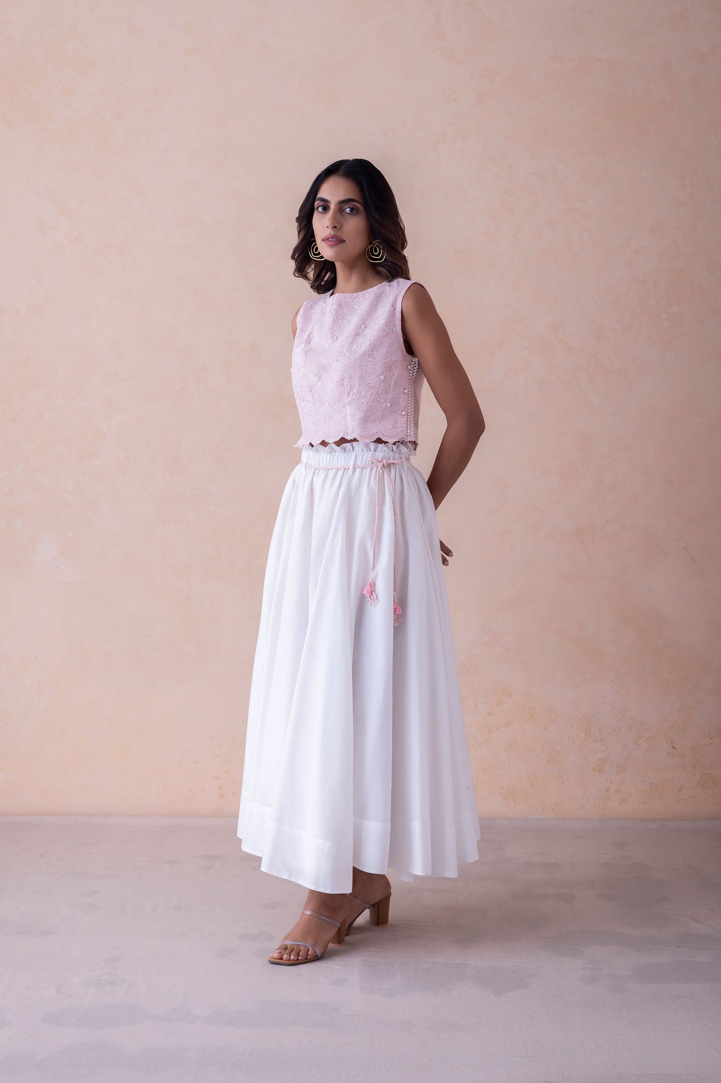 Misha Blush Schiffli Cropped Top & White Flared Skirt with Hand-Braided Belt