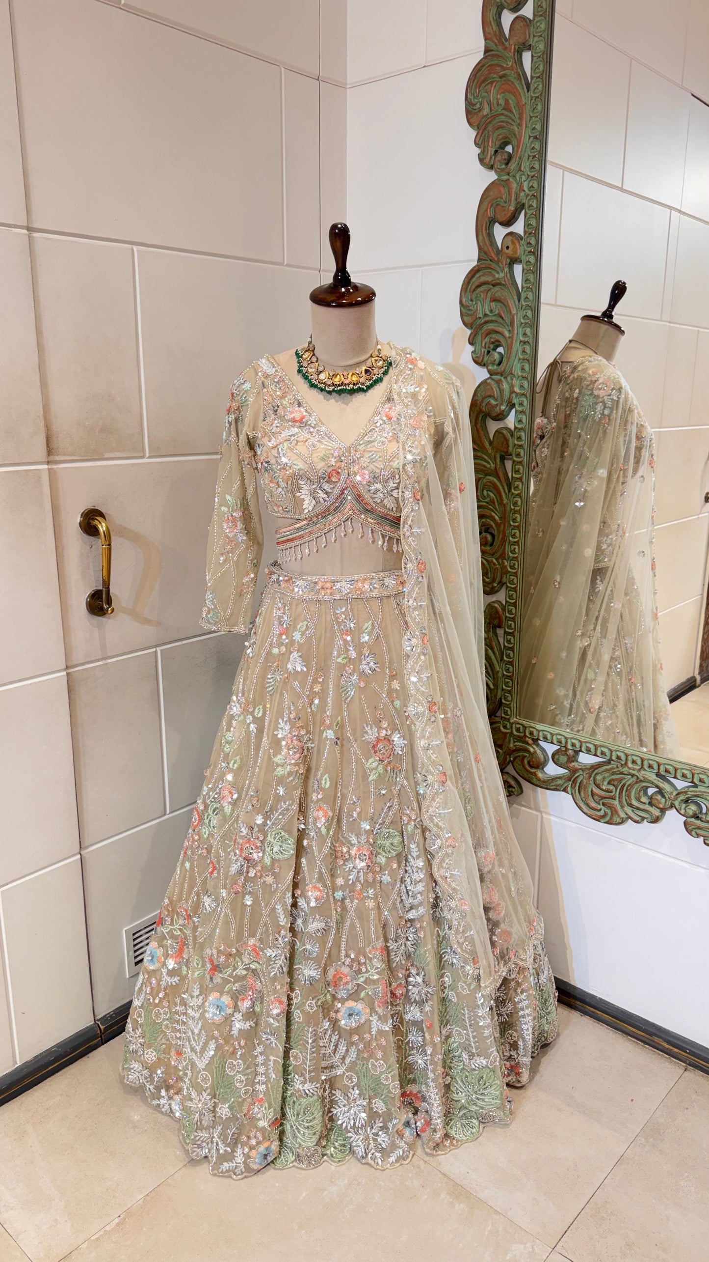 Gold Net Multicolour Embroidery Bridesmaid Lehenga