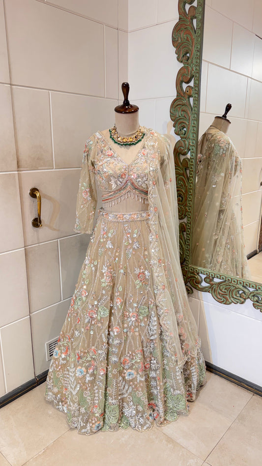Gold Net Multicolour Embroidery Bridesmaid Lehenga