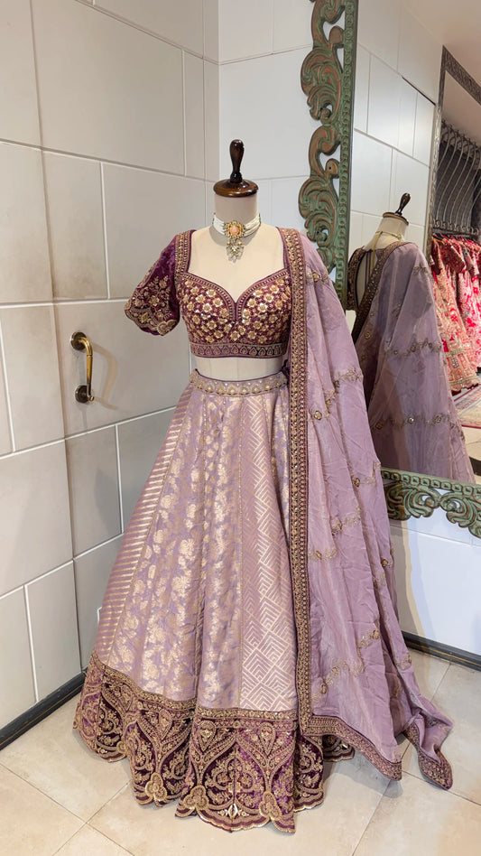 Lavender Zari Woven Tissue Bridesmaid Lehenga