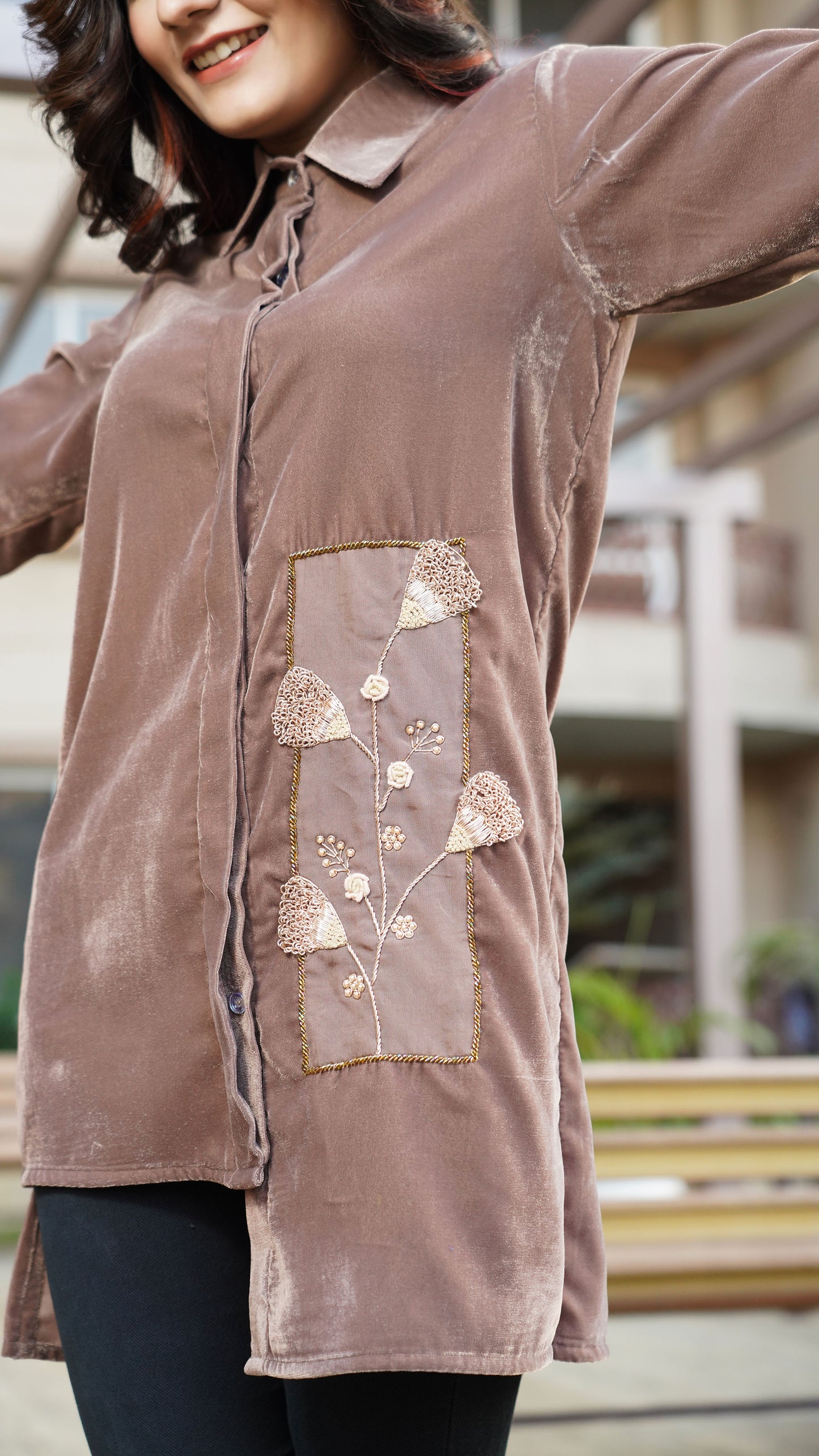 Beige Velvet Shirt With Embroidered Embellishment