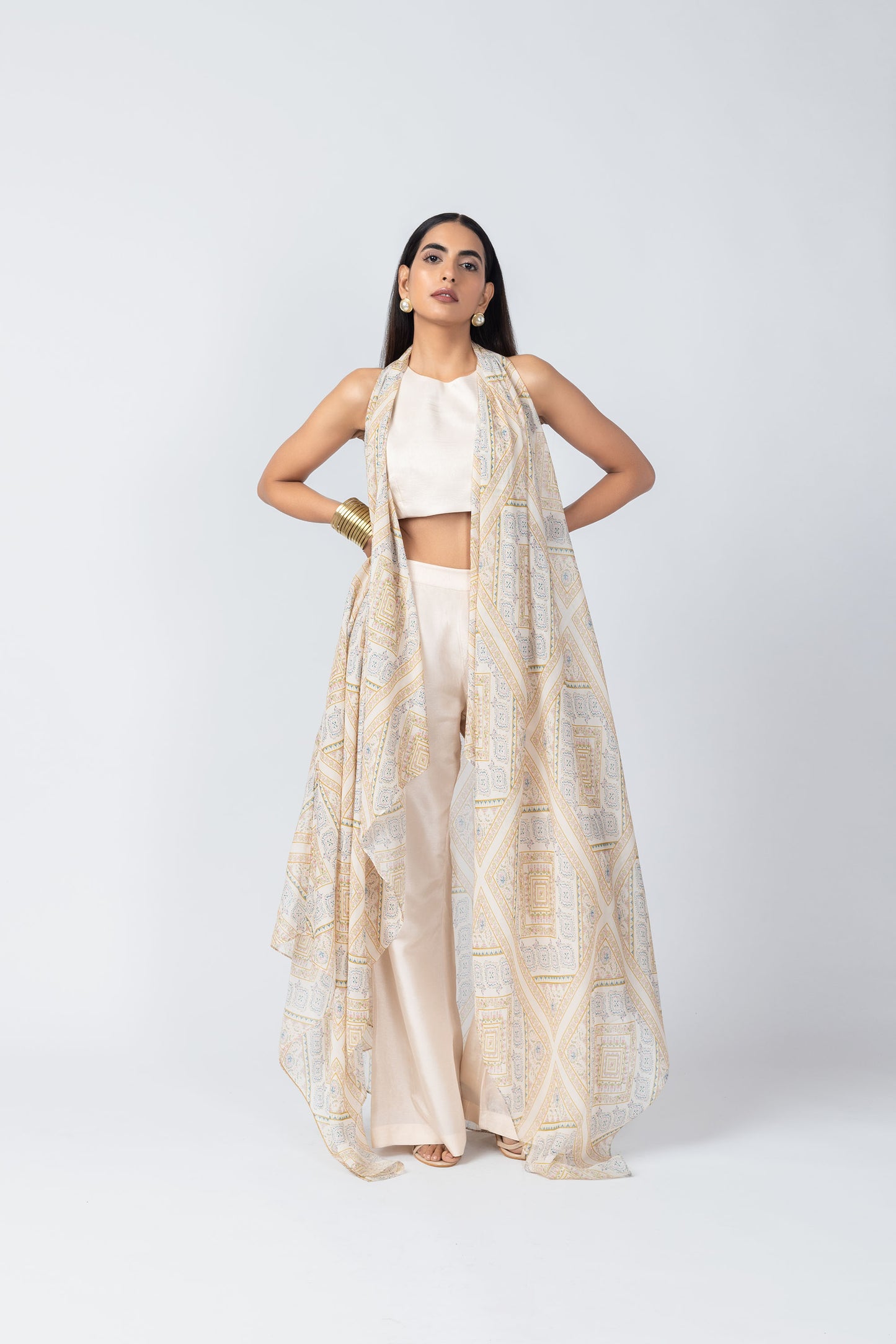 Taara Ivory Silk Ensemble with Printed Organza Jacket & Palazzo
