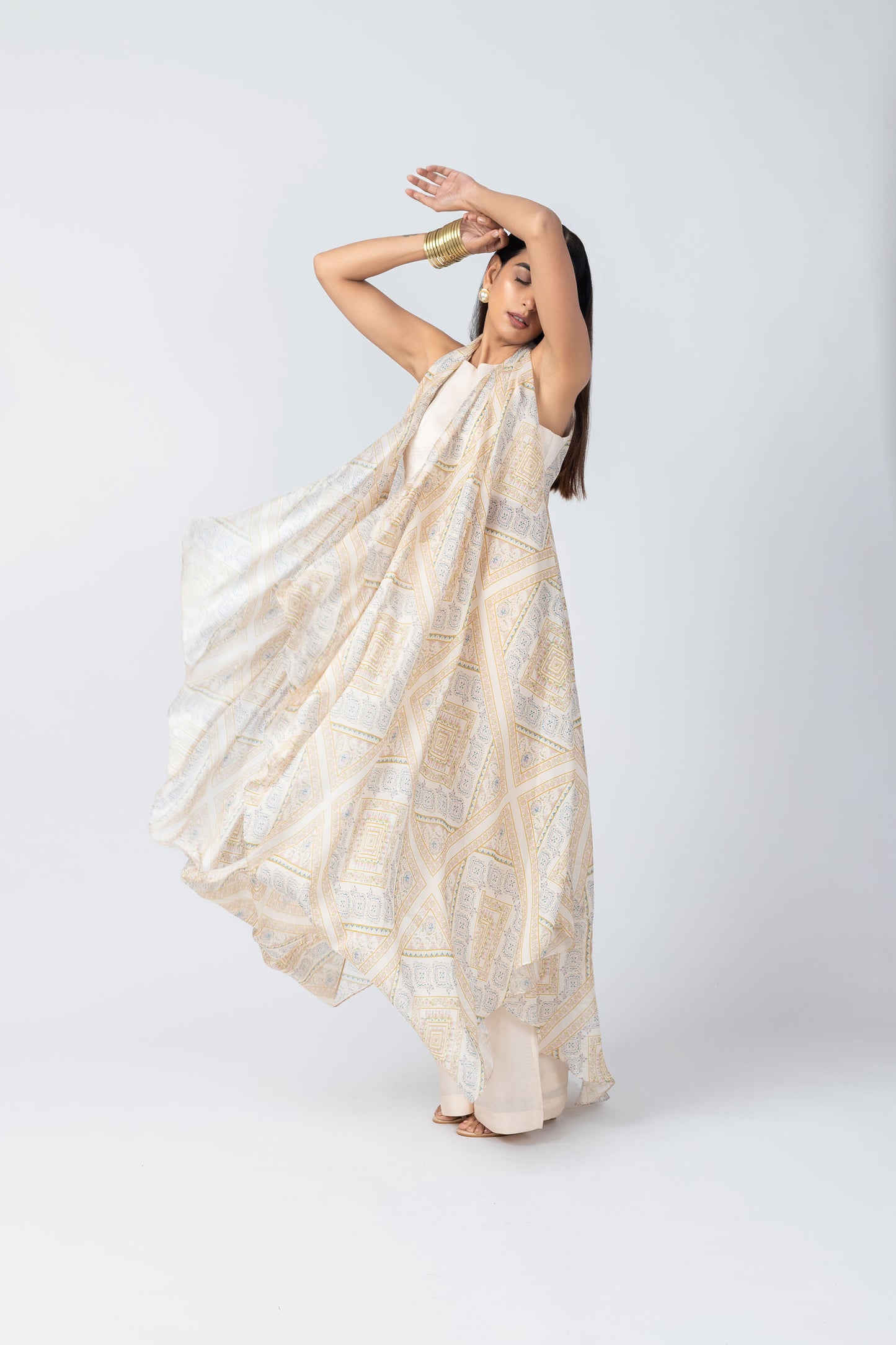 Taara Ivory Silk Ensemble with Printed Organza Jacket & Palazzo