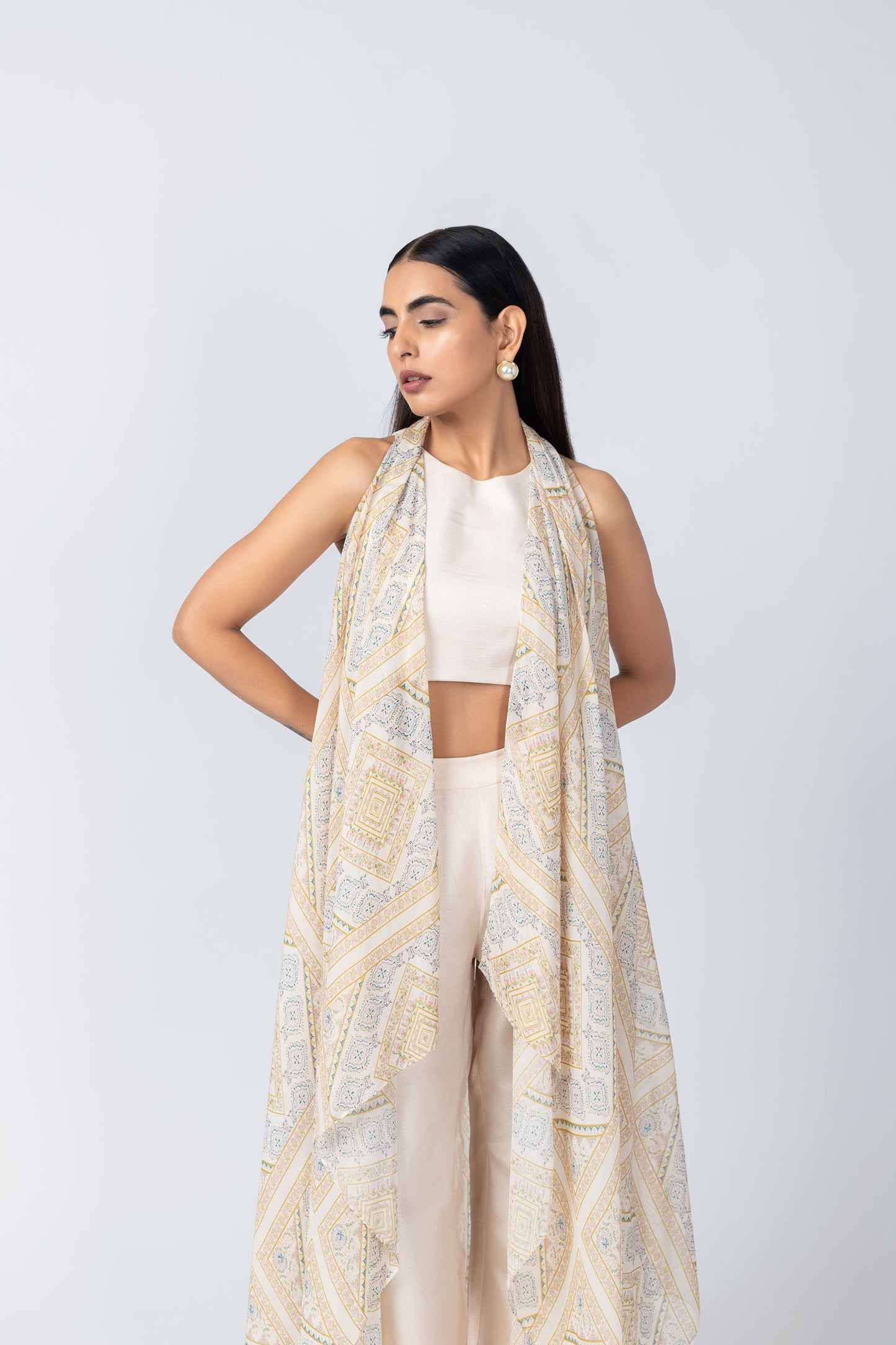 Taara Ivory Silk Ensemble with Printed Organza Jacket & Palazzo
