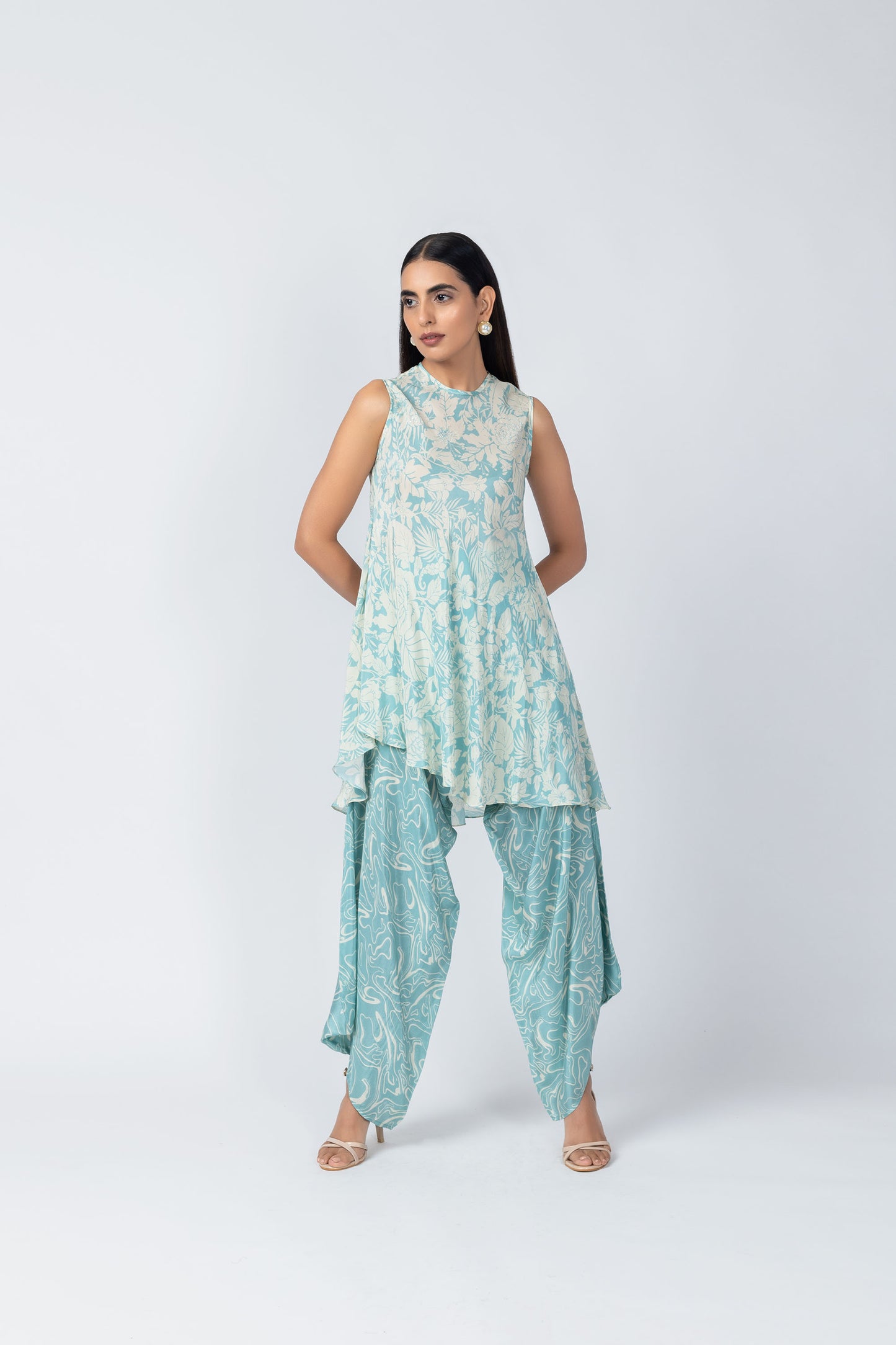 Indus Ice-Blue Floral Kurta Tunic & Textured Crepe Dhoti