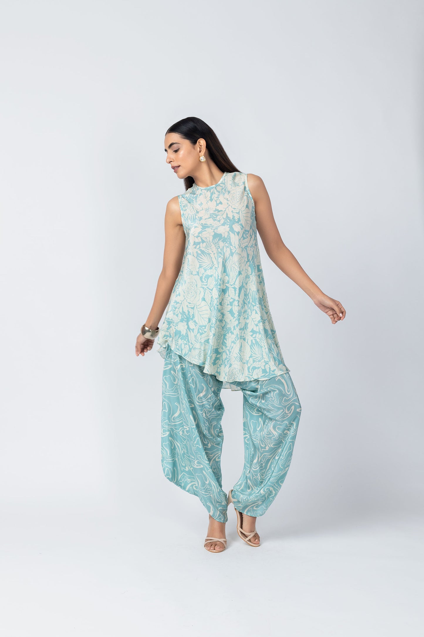 Indus Ice-Blue Floral Kurta Tunic & Textured Crepe Dhoti