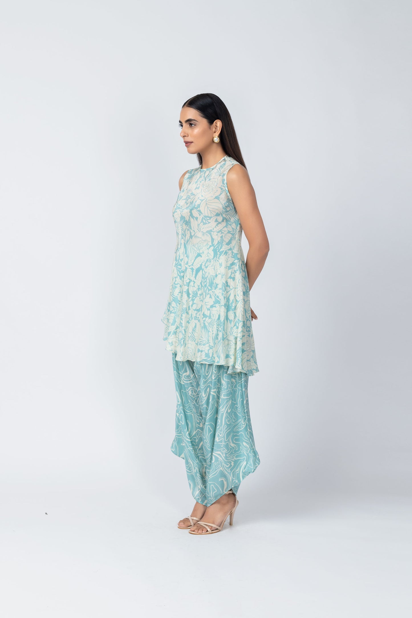 Indus Ice-Blue Floral Kurta Tunic & Textured Crepe Dhoti