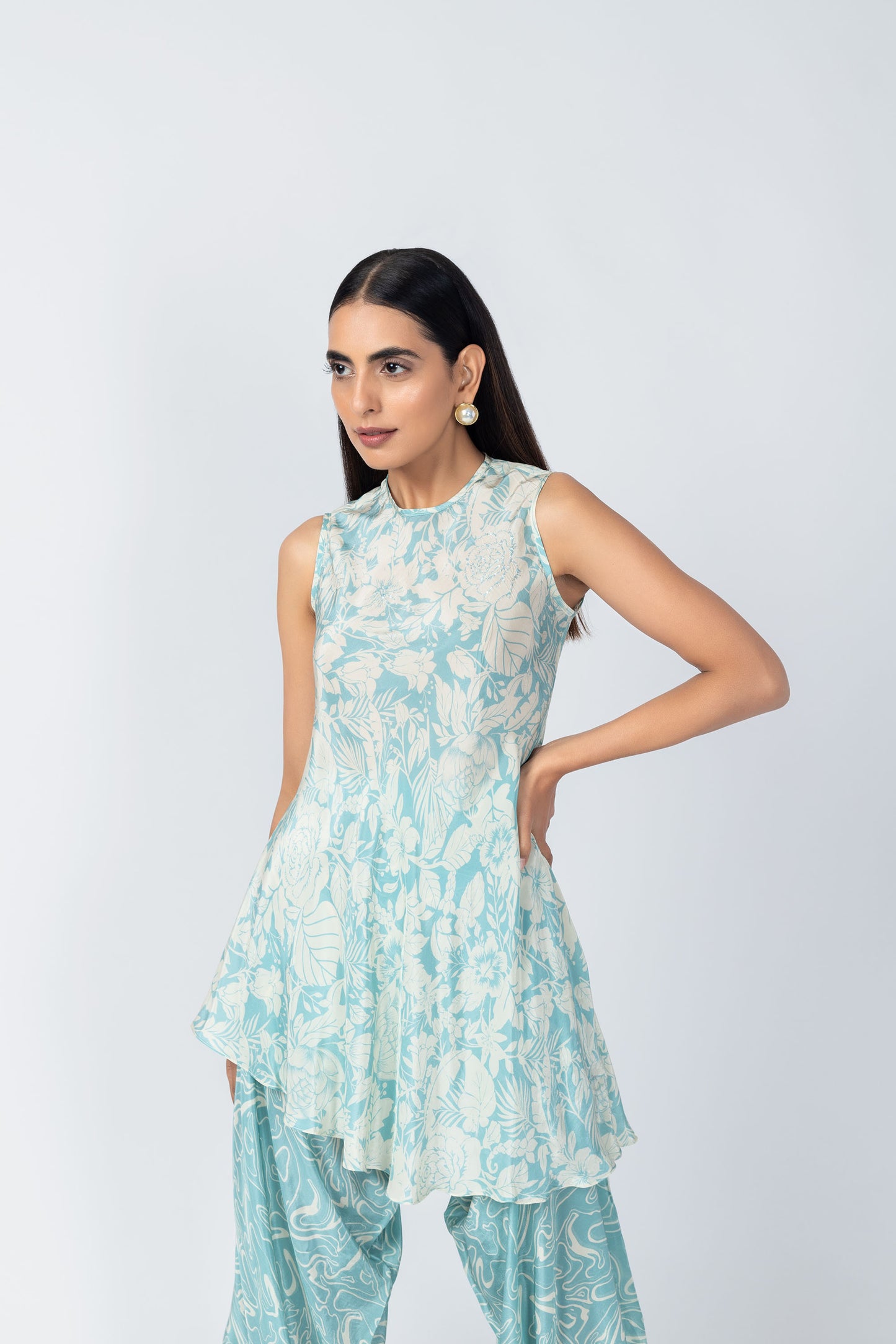 Indus Ice-Blue Floral Kurta Tunic & Textured Crepe Dhoti