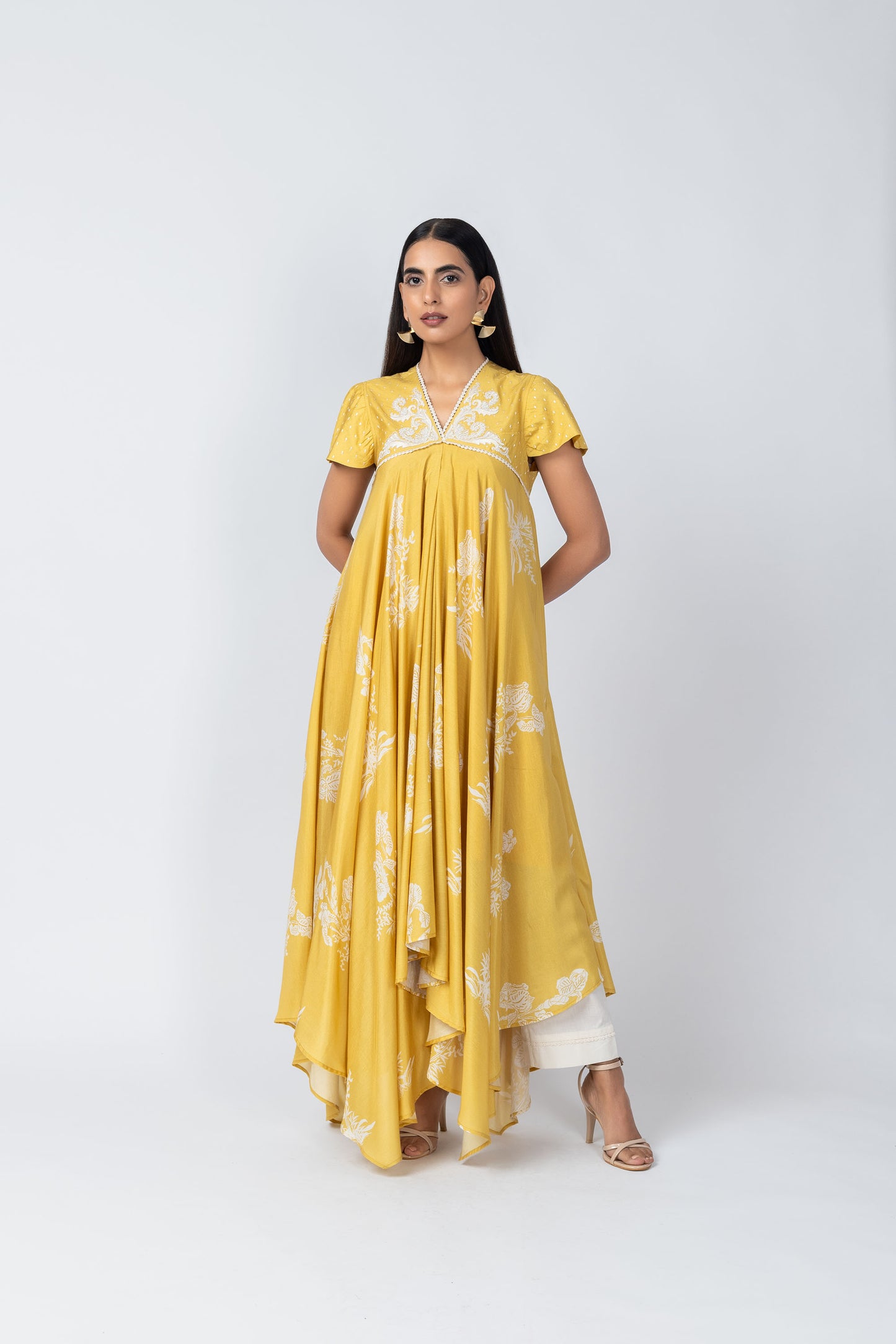 Noor Floral Embroidered Yellow Kurta with Ivory Straight Pants