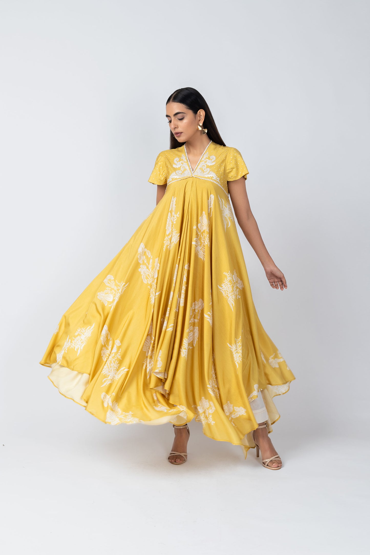 Noor Floral Embroidered Yellow Kurta with Ivory Straight Pants