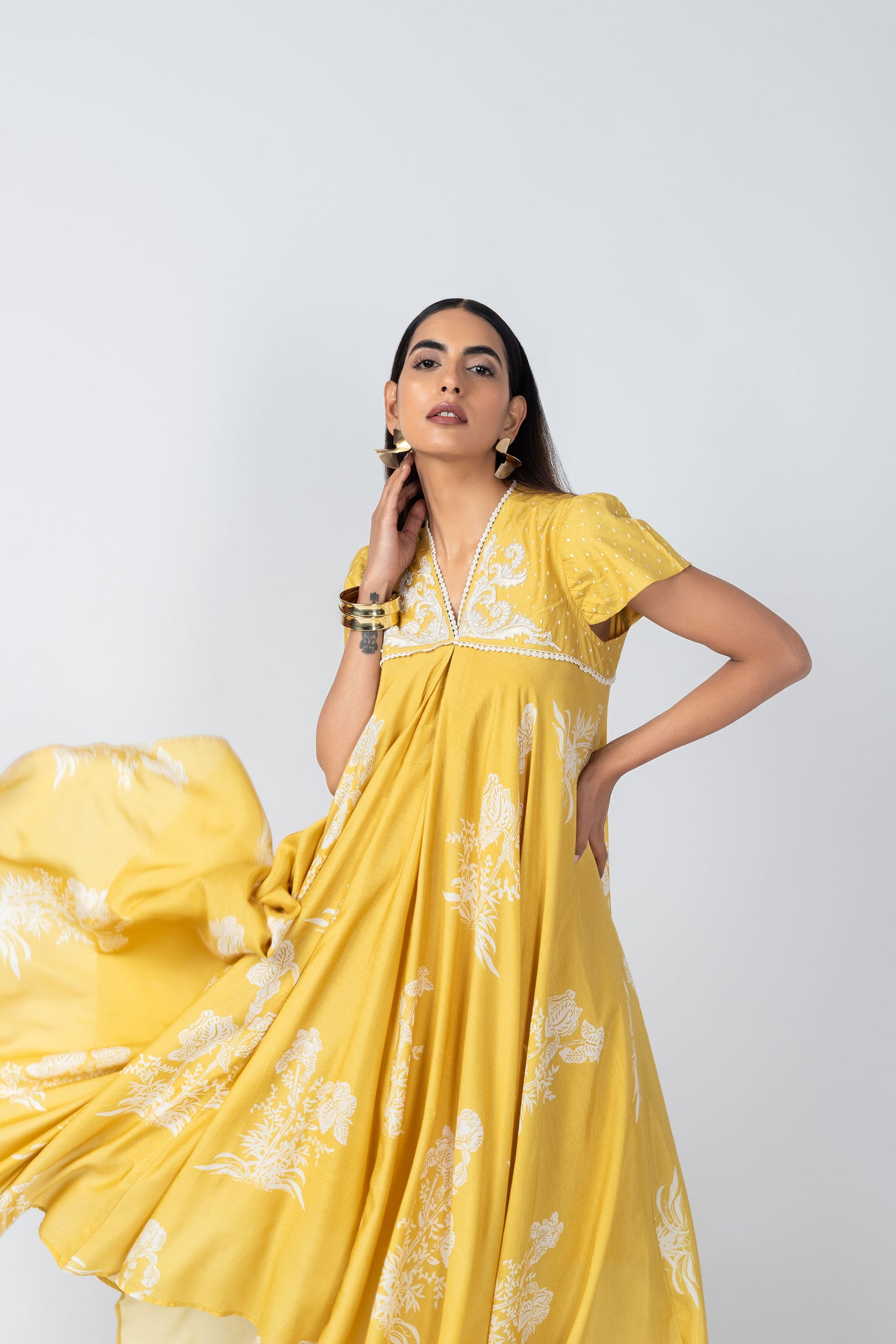 Noor Floral Embroidered Yellow Kurta with Ivory Straight Pants