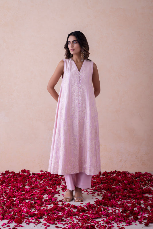 Sukoon Ethereal Blush Handcrafted Chanderi Set (Sleeveless)