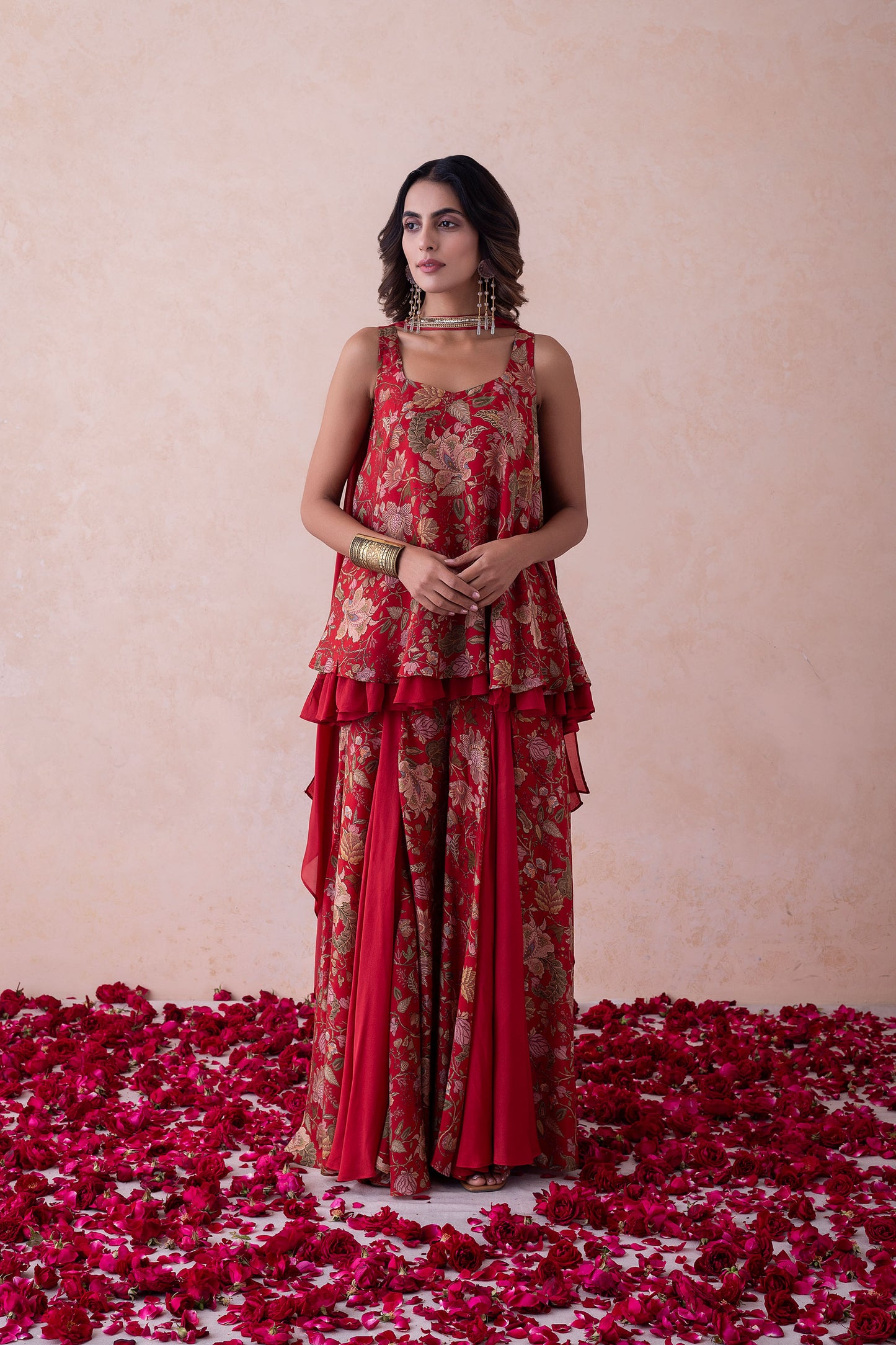 Amina Printed Crimson Red Multi-Layered Silk Sharara Set Featuring a Choker-Style Dupatta
