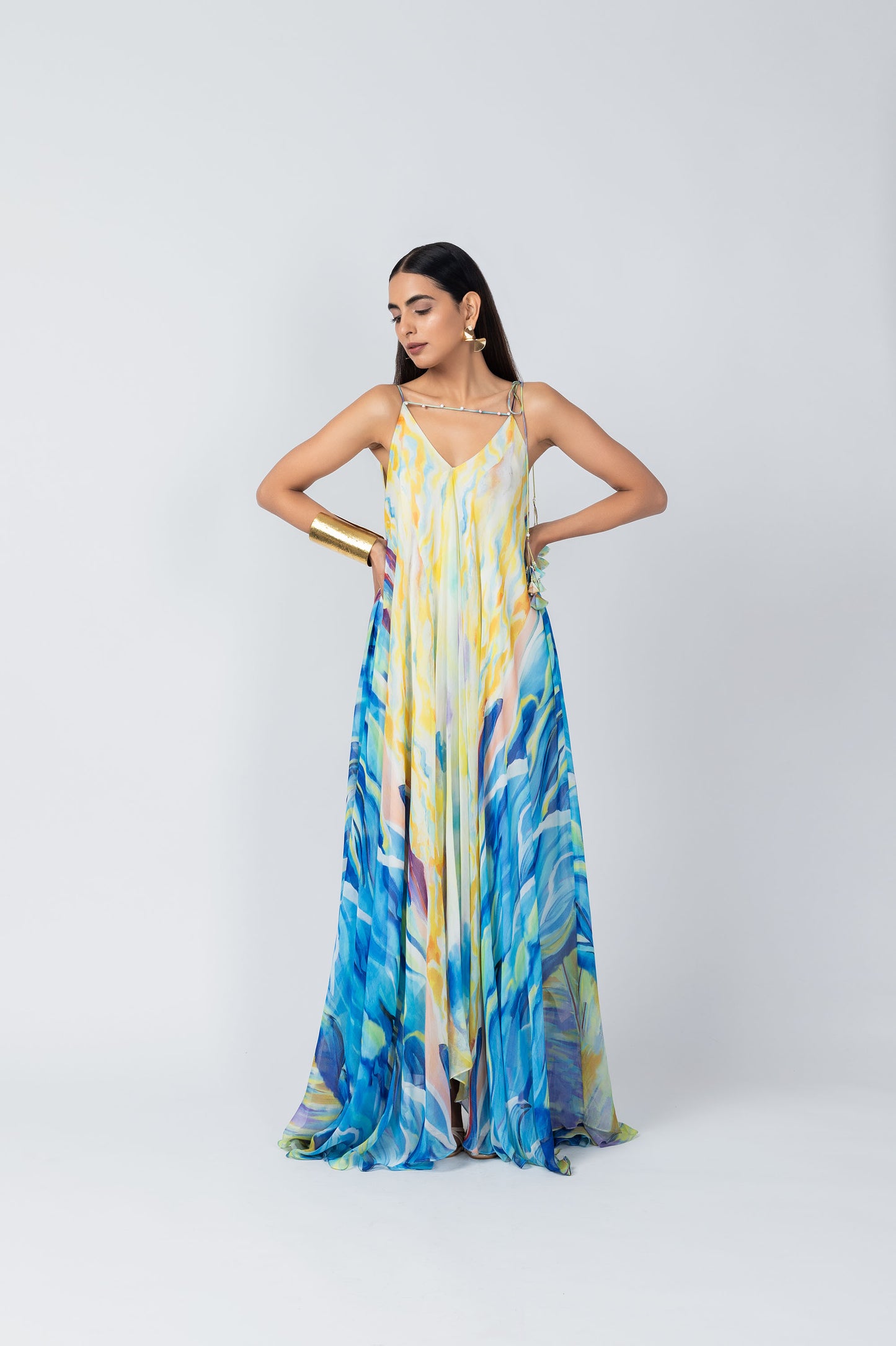 Sky Hand-Painted A-Line Tunic & Ivory Pencil Pants