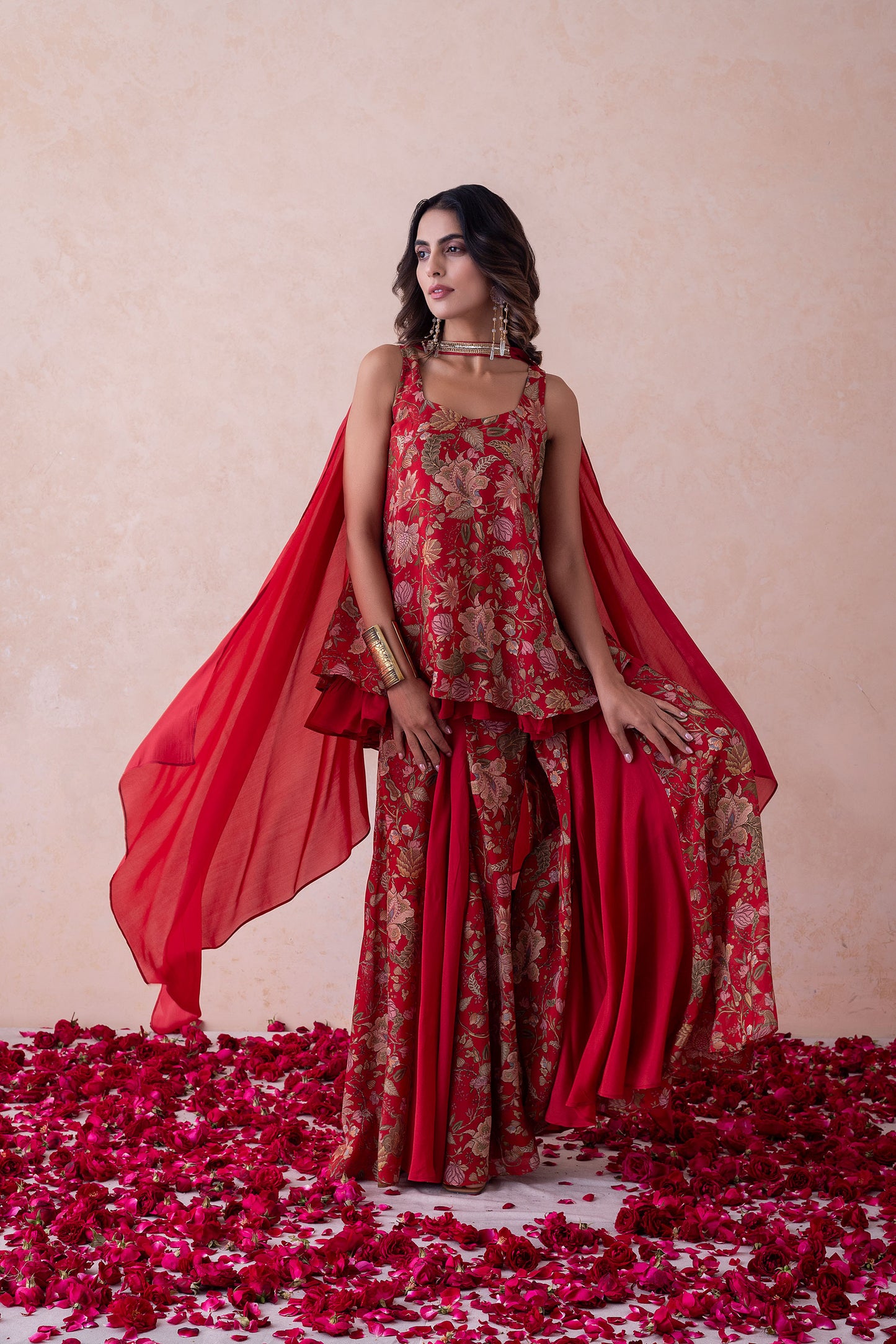 Amina Printed Crimson Red Multi-Layered Silk Sharara Set Featuring a Choker-Style Dupatta