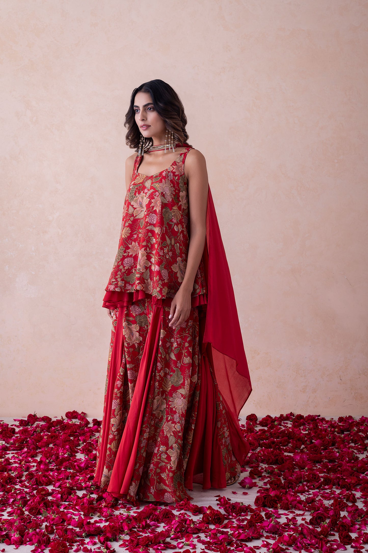 Amina Printed Crimson Red Multi-Layered Silk Sharara Set Featuring a Choker-Style Dupatta