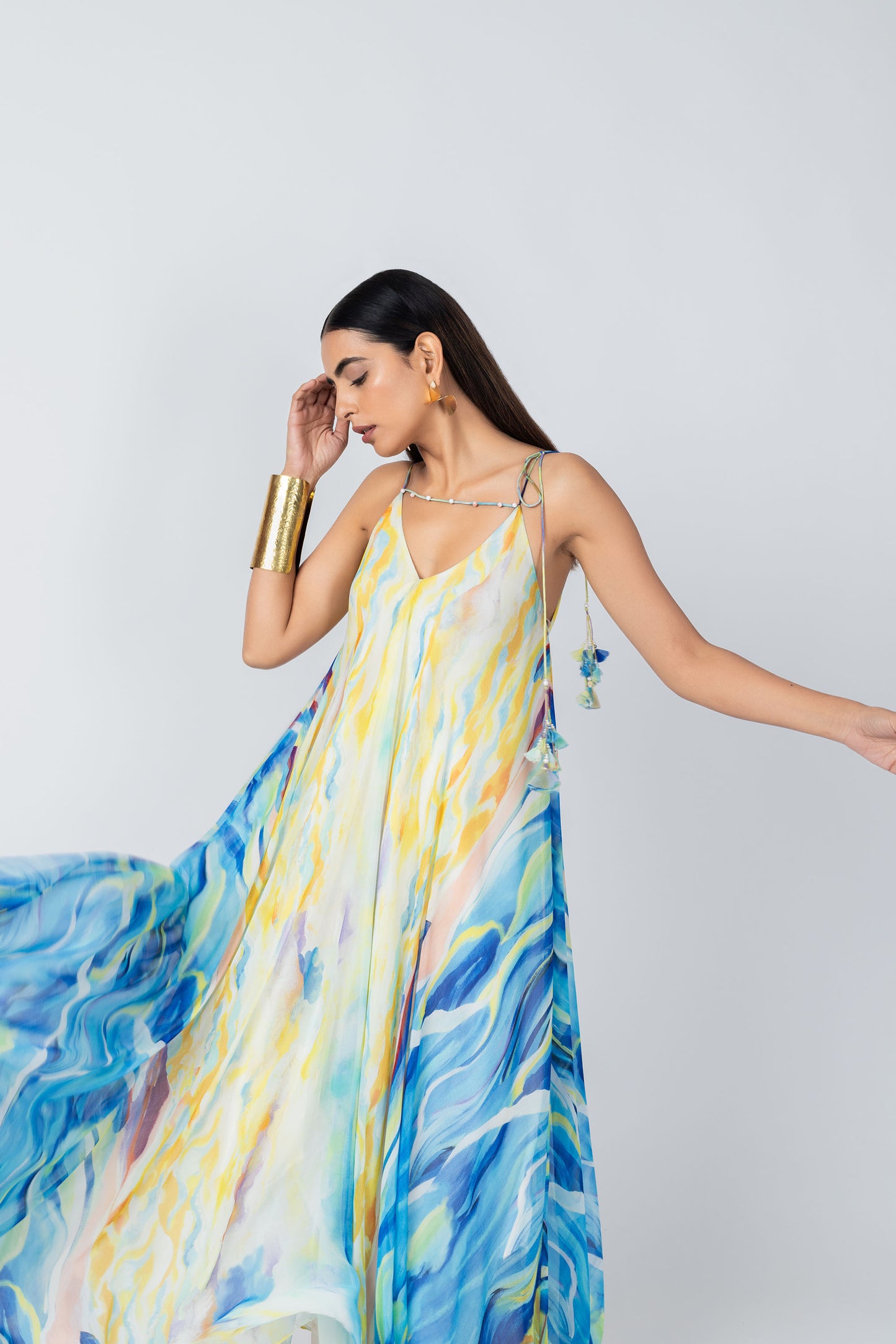 Sky Hand-Painted A-Line Tunic & Ivory Pencil Pants