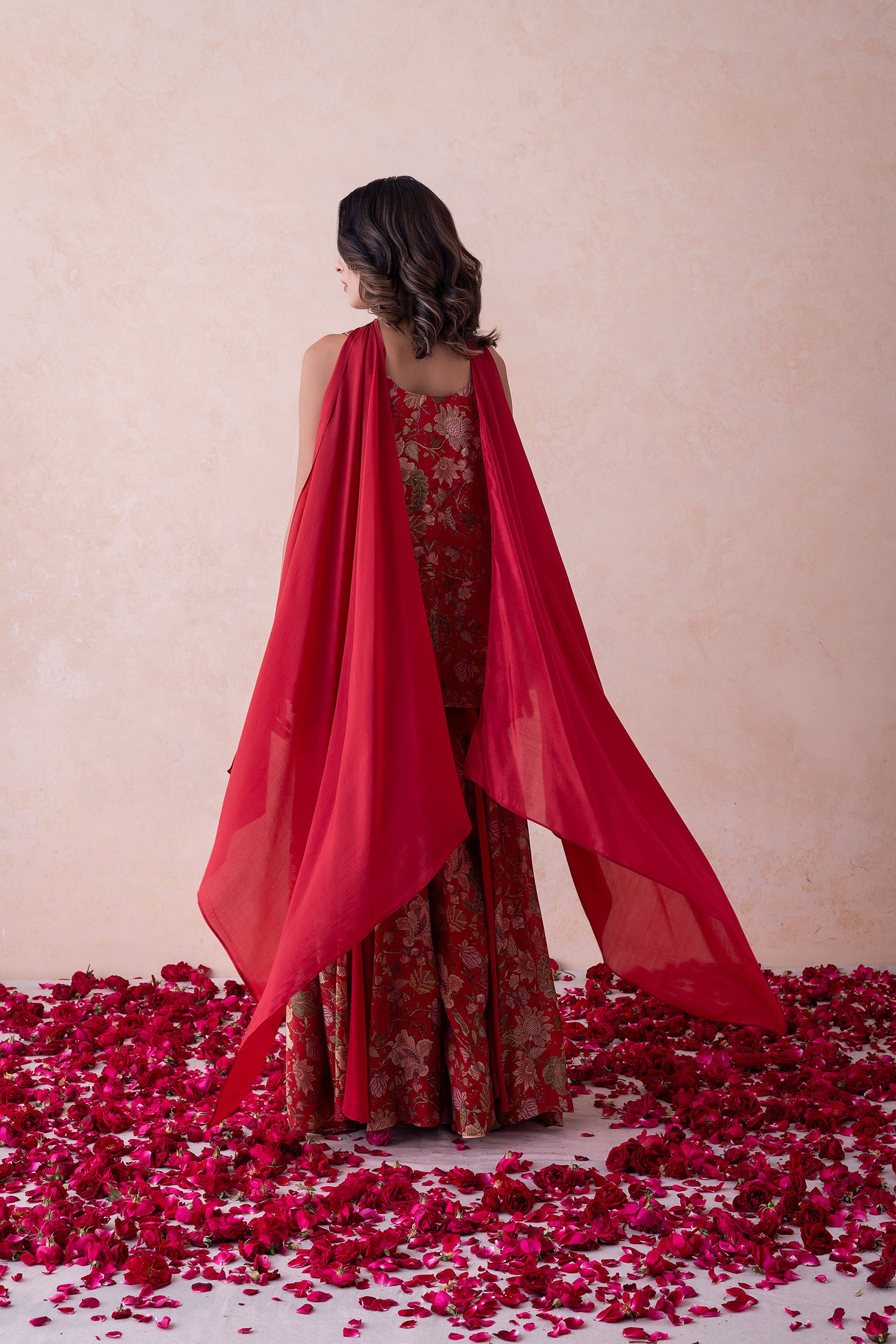 Amina Printed Crimson Red Multi-Layered Silk Sharara Set Featuring a Choker-Style Dupatta