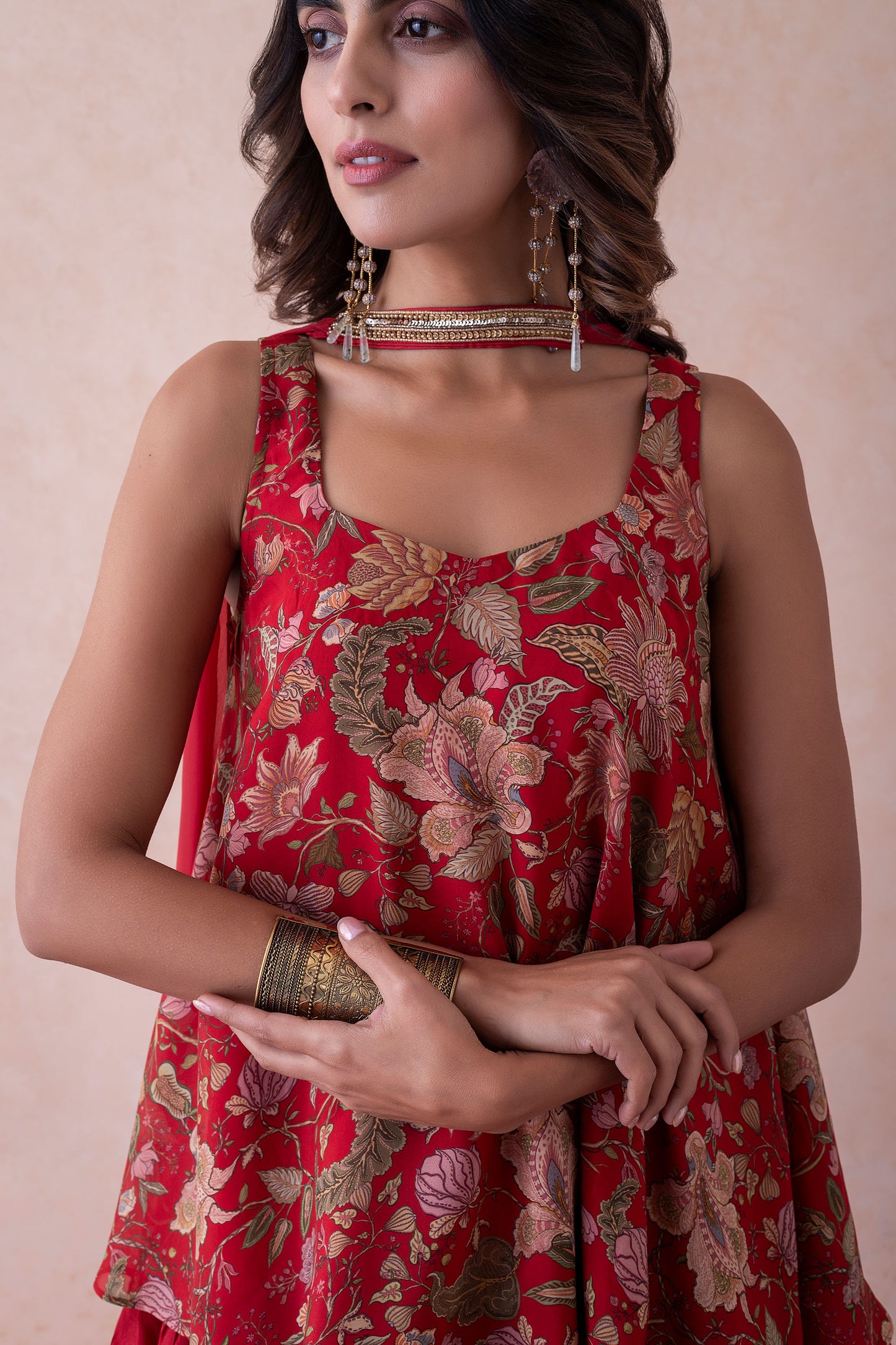 Amina Printed Crimson Red Multi-Layered Silk Sharara Set Featuring a Choker-Style Dupatta