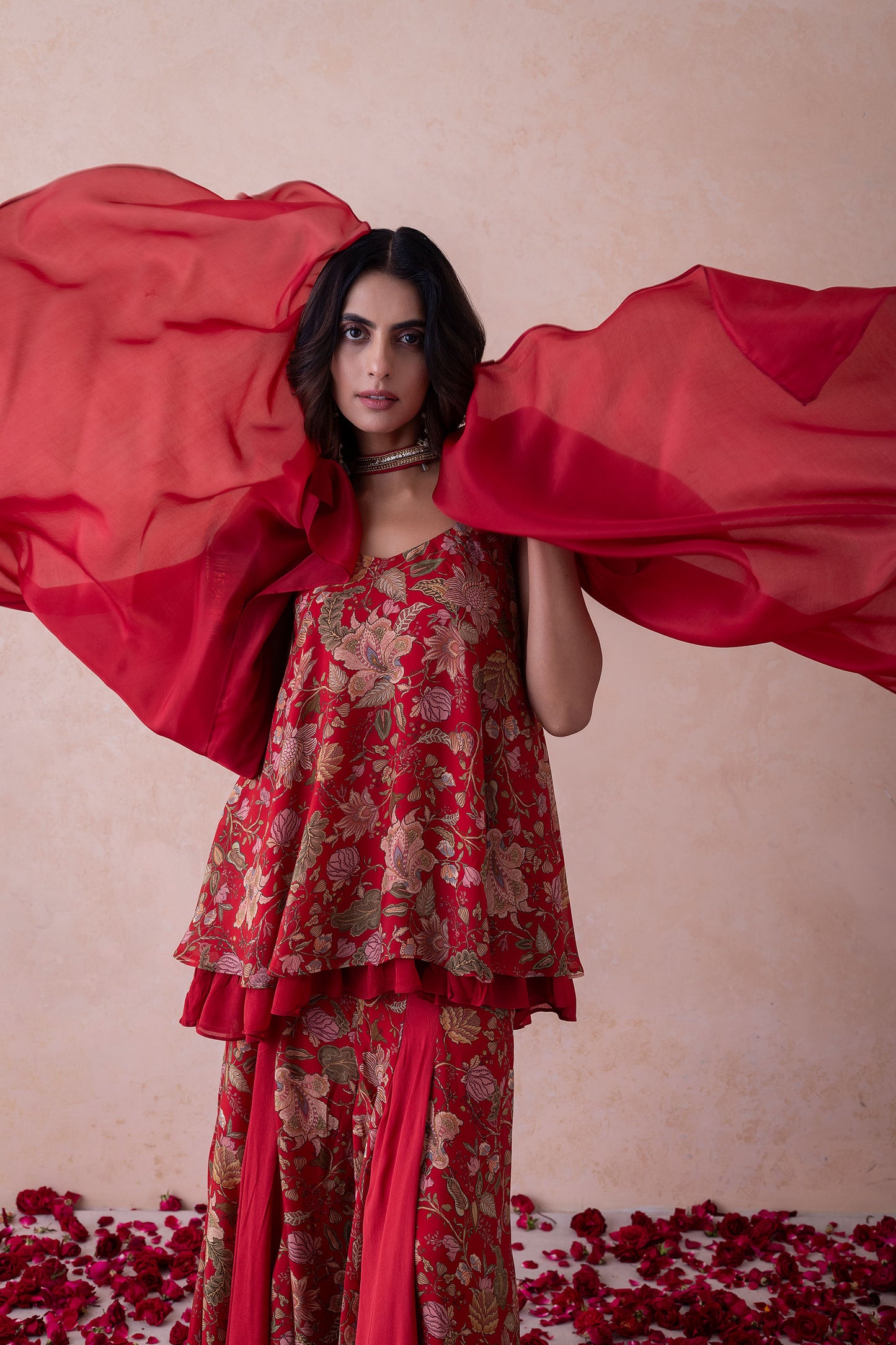 Amina Printed Crimson Red Multi-Layered Silk Sharara Set Featuring a Choker-Style Dupatta
