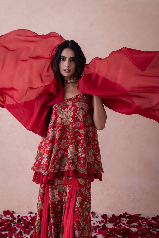 Amina Printed Crimson Red Multi-Layered Silk Sharara Set Featuring a Choker-Style Dupatta
