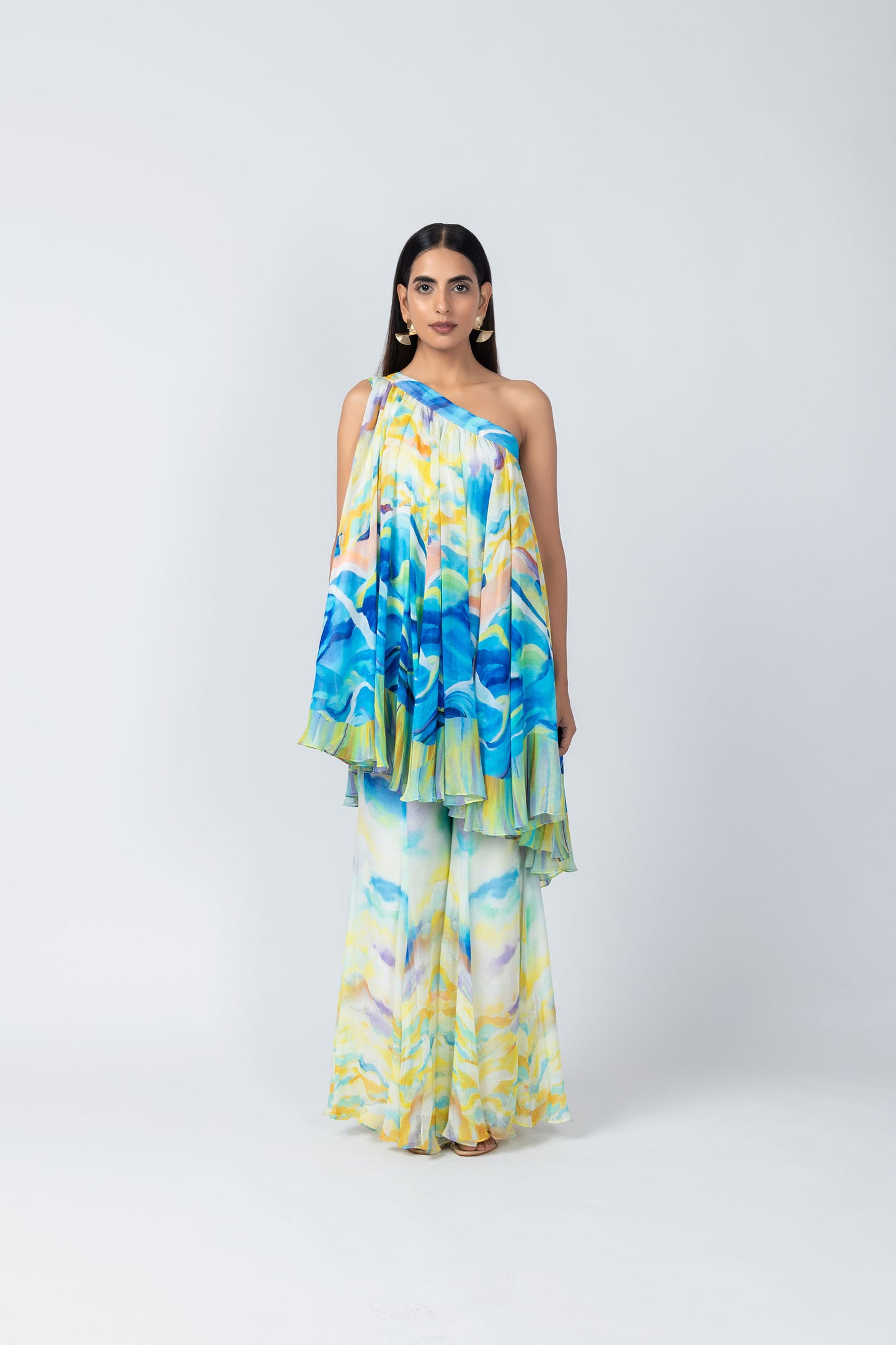 Osheen Multi color One-Shoulder Tunic with Flared Sharara