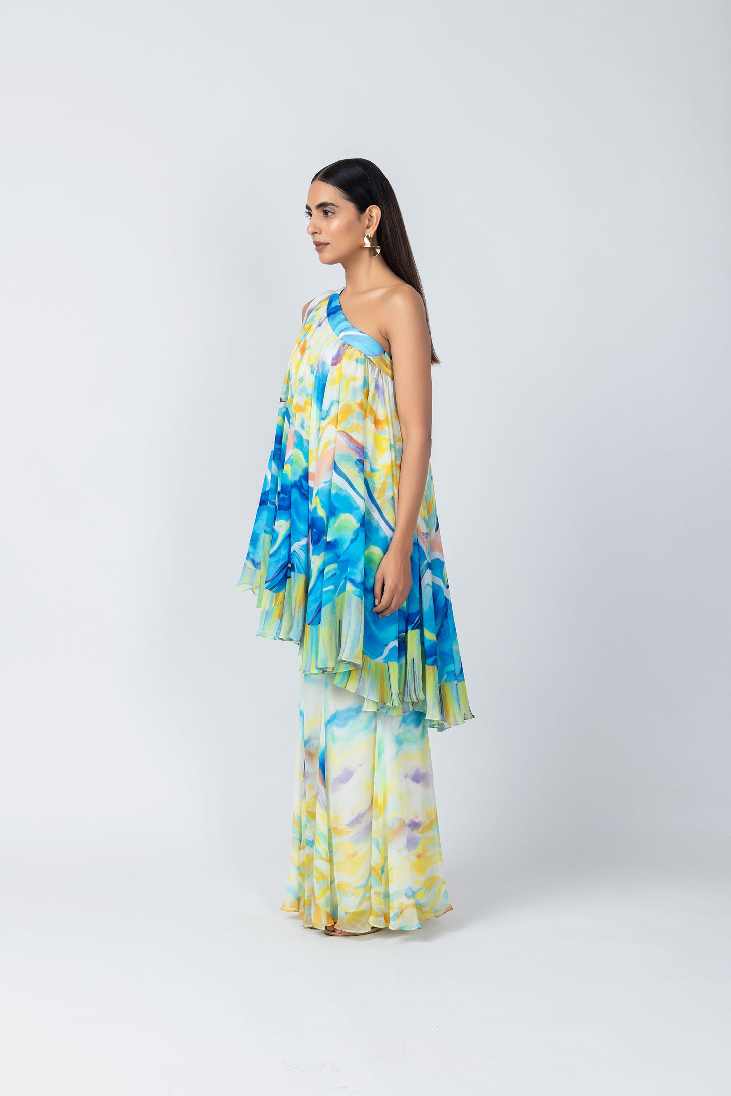 Osheen Multi color One-Shoulder Tunic with Flared Sharara