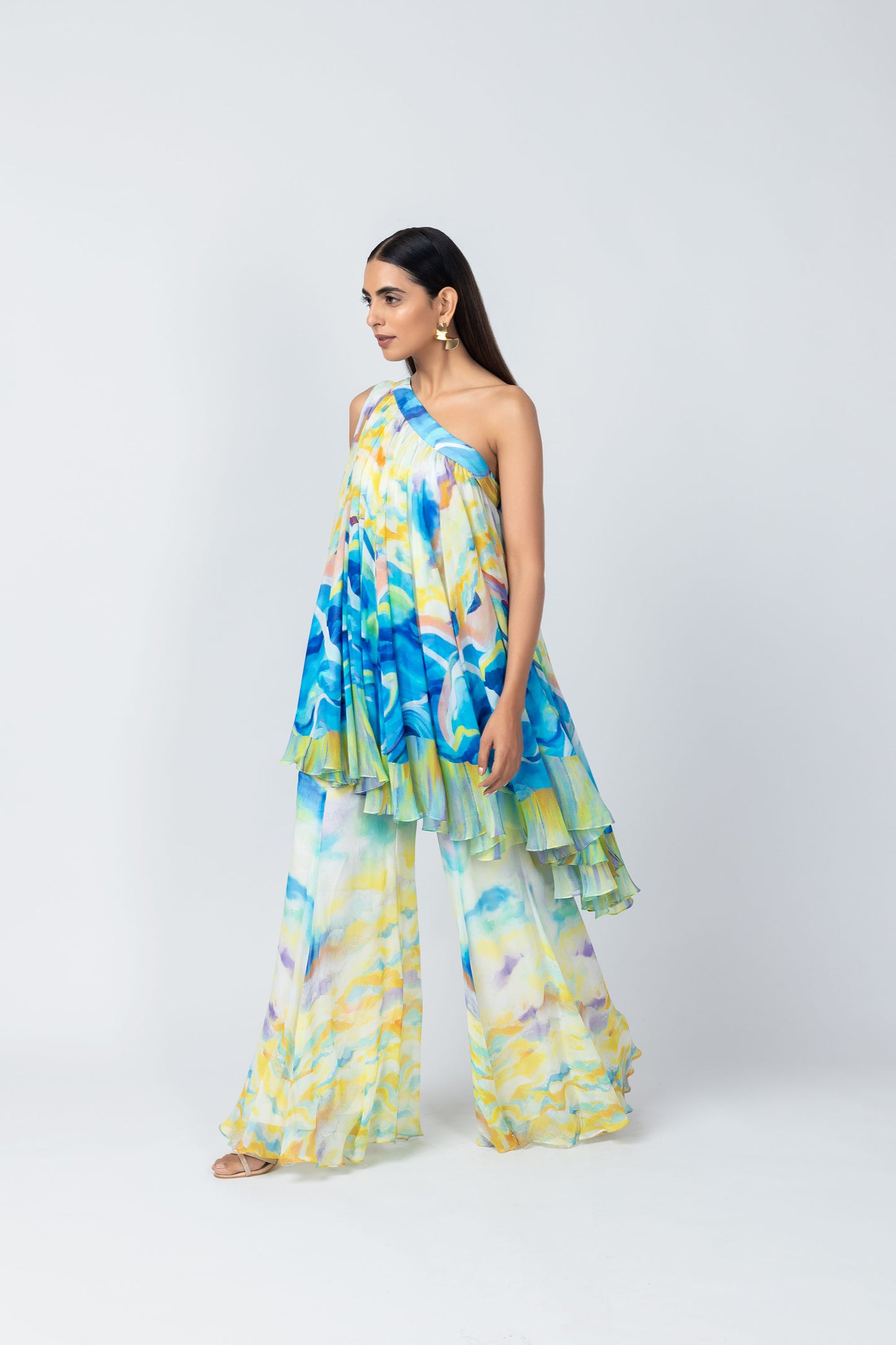 Osheen Multi color One-Shoulder Tunic with Flared Sharara