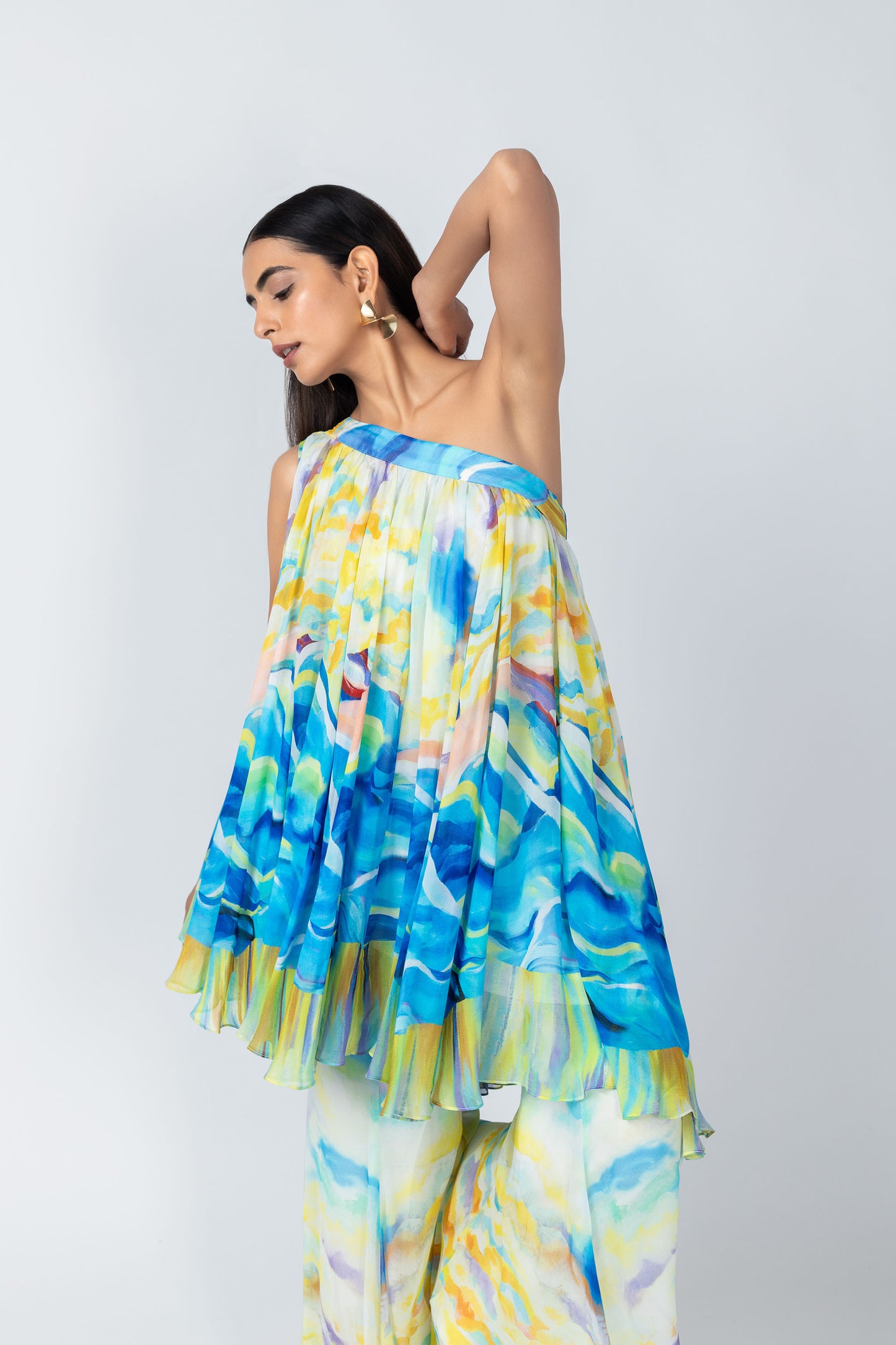 Osheen Multi color One-Shoulder Tunic with Flared Sharara