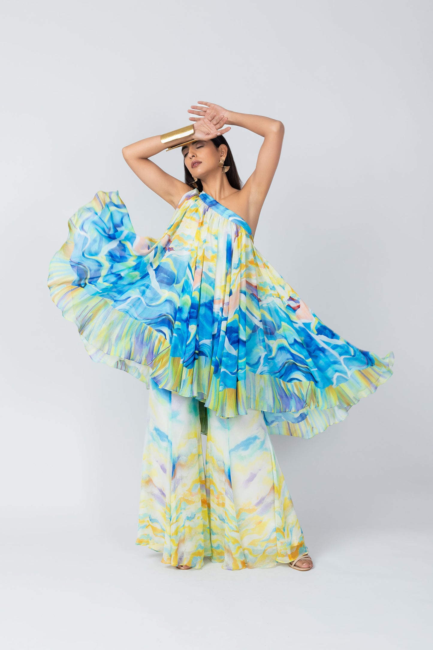 Osheen Multi color One-Shoulder Tunic with Flared Sharara