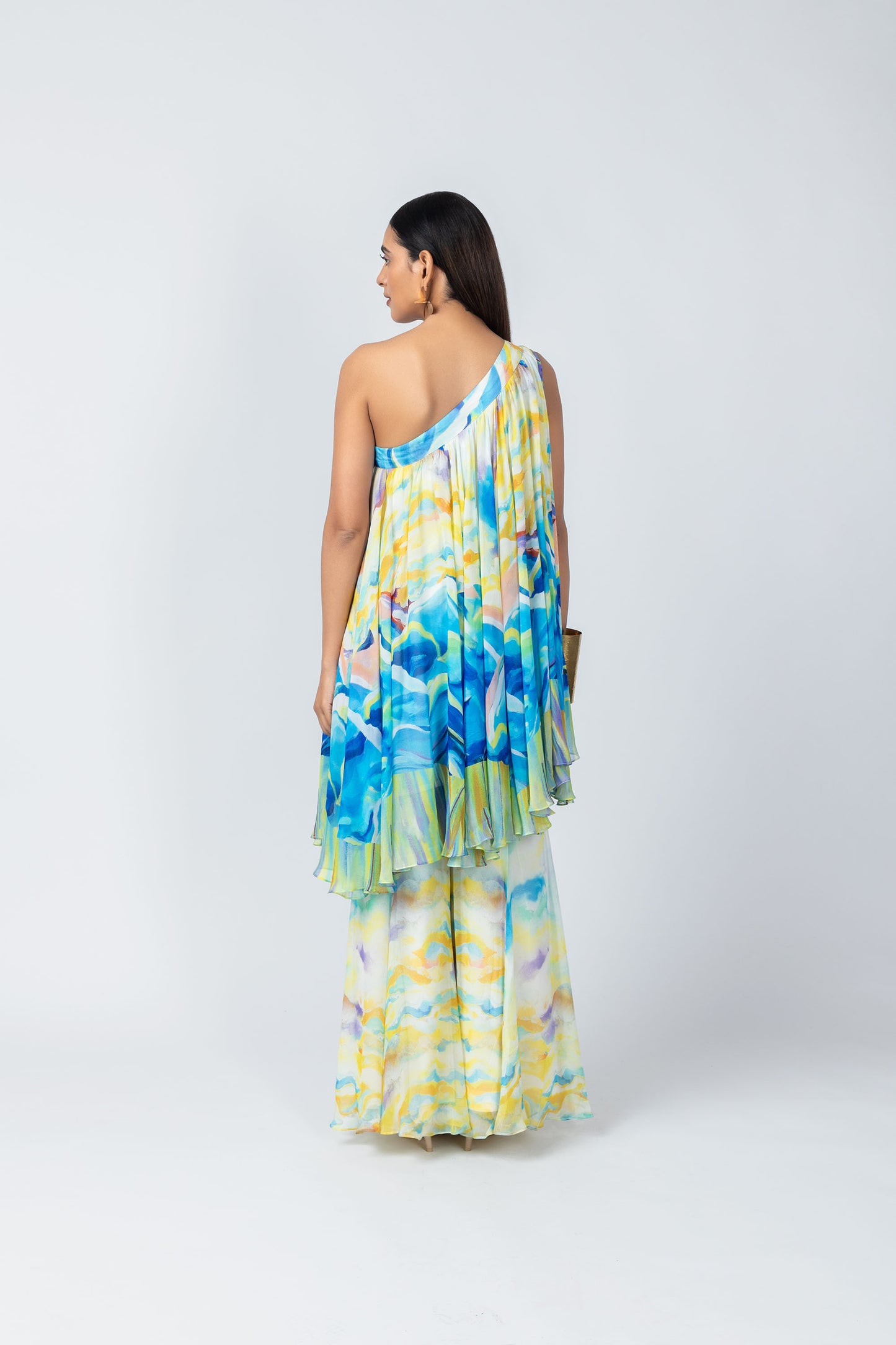 Osheen Multi color One-Shoulder Tunic with Flared Sharara