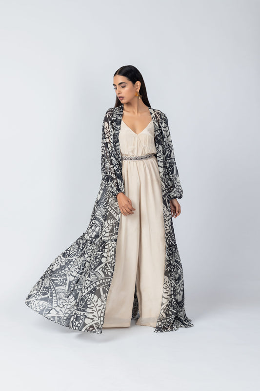 Qala Geometric Motif Jumpsuit with Flowy Printed Jacket