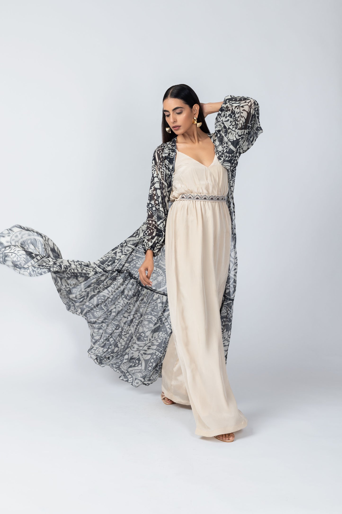 Qala Geometric Motif Jumpsuit with Flowy Printed Jacket