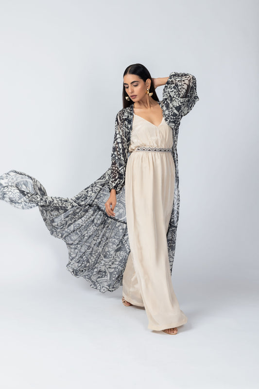 Qala Geometric Motif Jumpsuit with Flowy Printed Jacket