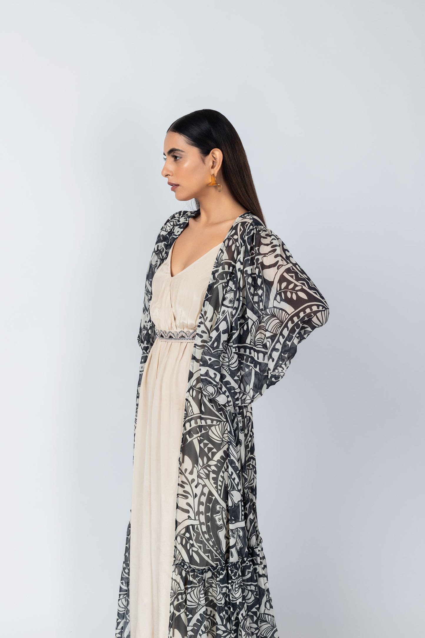 Qala Geometric Motif Jumpsuit with Flowy Printed Jacket
