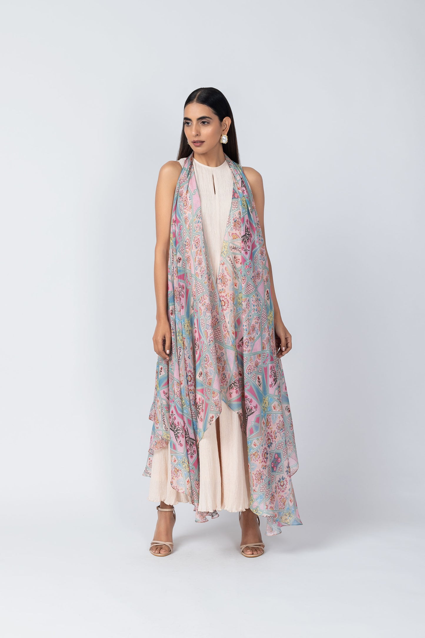 ROOHI Ivory A-Line Dress & Architectural Print Organza sleevless Jacket
