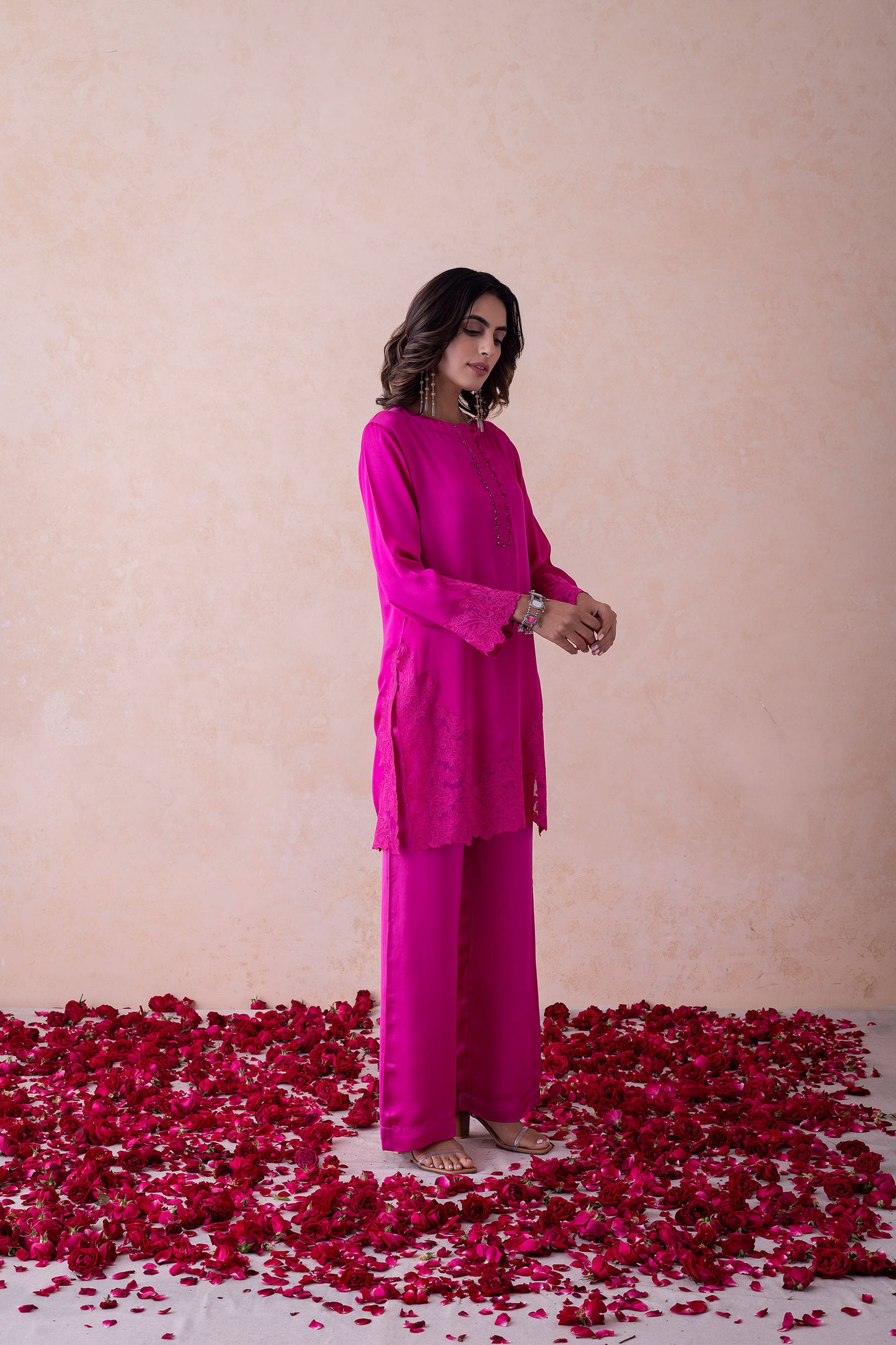 Malika Hot Pink Co-ord Set with Embellished Satin Kurta and Floral Organza Embroidery