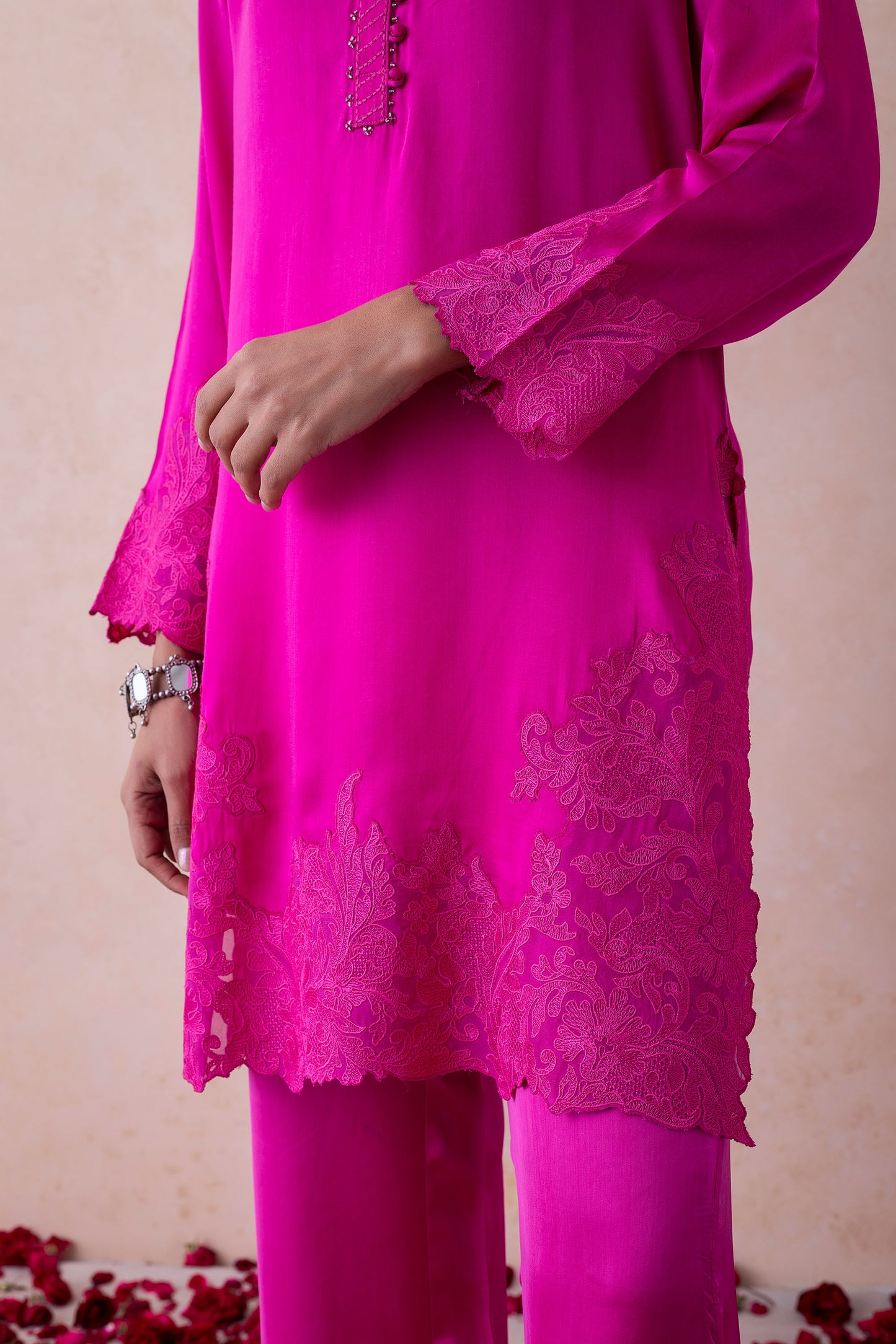 Malika Hot Pink Co-ord Set with Embellished Satin Kurta and Floral Organza Embroidery