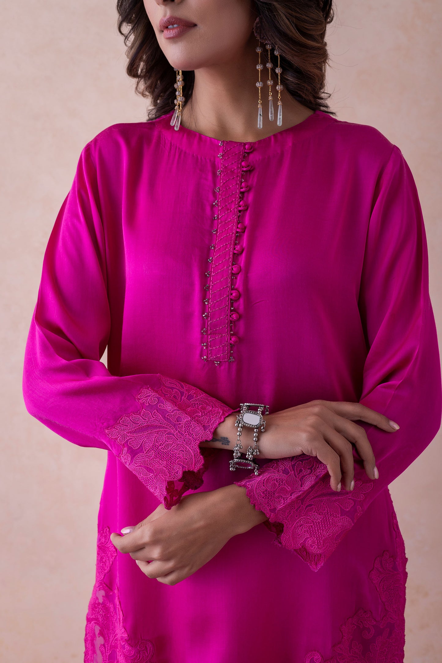 Malika Hot Pink Co-ord Set with Embellished Satin Kurta and Floral Organza Embroidery