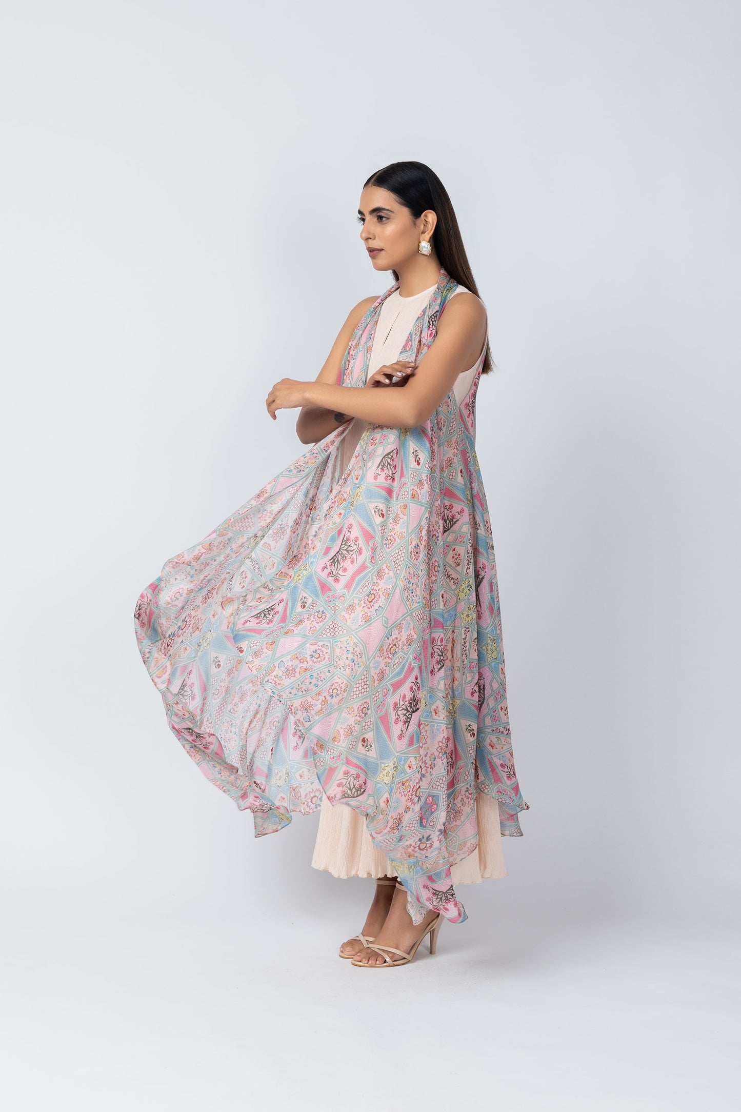 ROOHI Ivory A-Line Dress & Architectural Print Organza sleevless Jacket