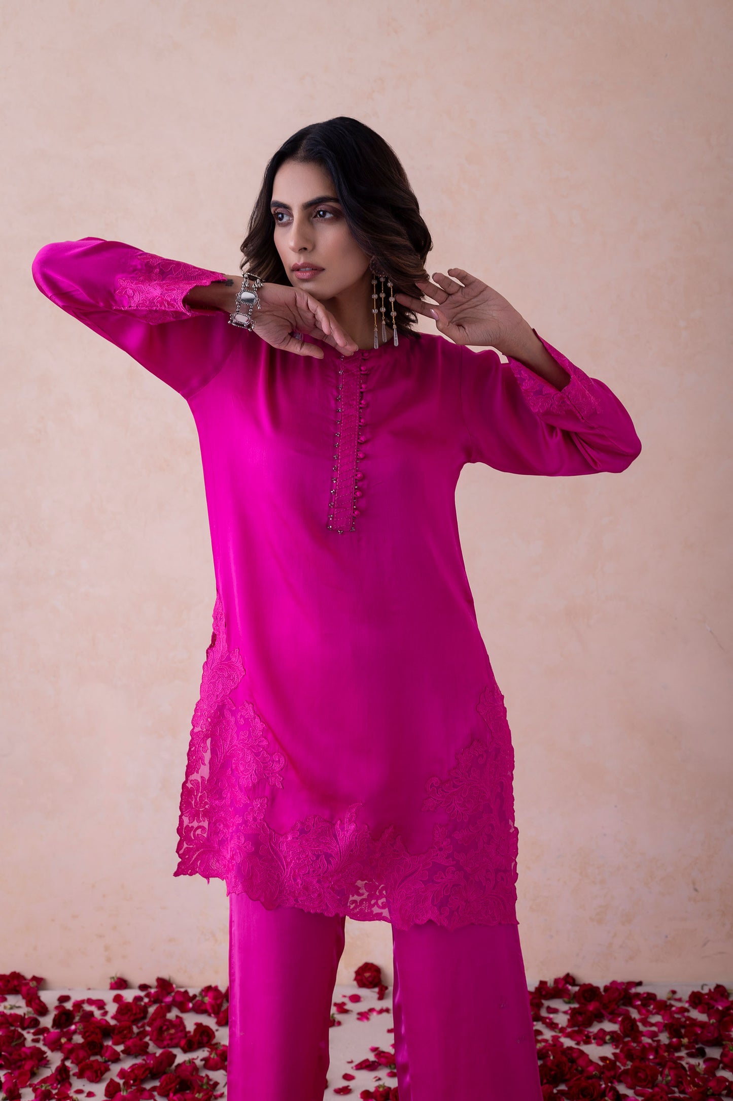 Malika Hot Pink Co-ord Set with Embellished Satin Kurta and Floral Organza Embroidery
