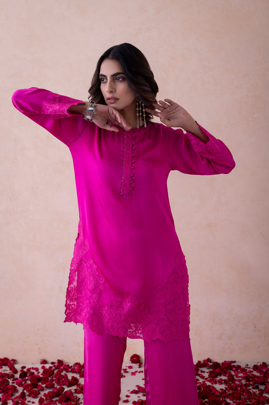 Malika Hot Pink Co-ord Set with Embellished Satin Kurta and Floral Organza Embroidery