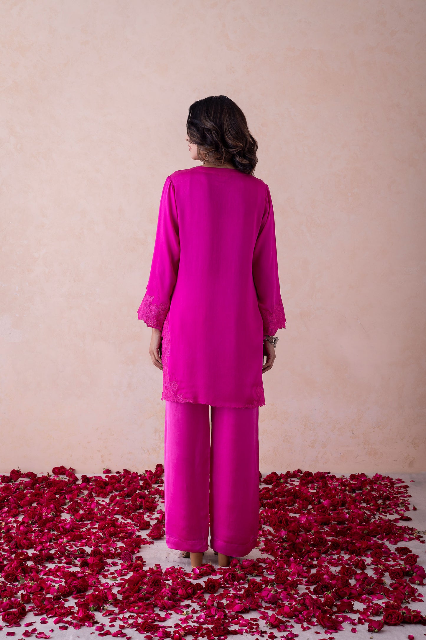 Malika Hot Pink Co-ord Set with Embellished Satin Kurta and Floral Organza Embroidery