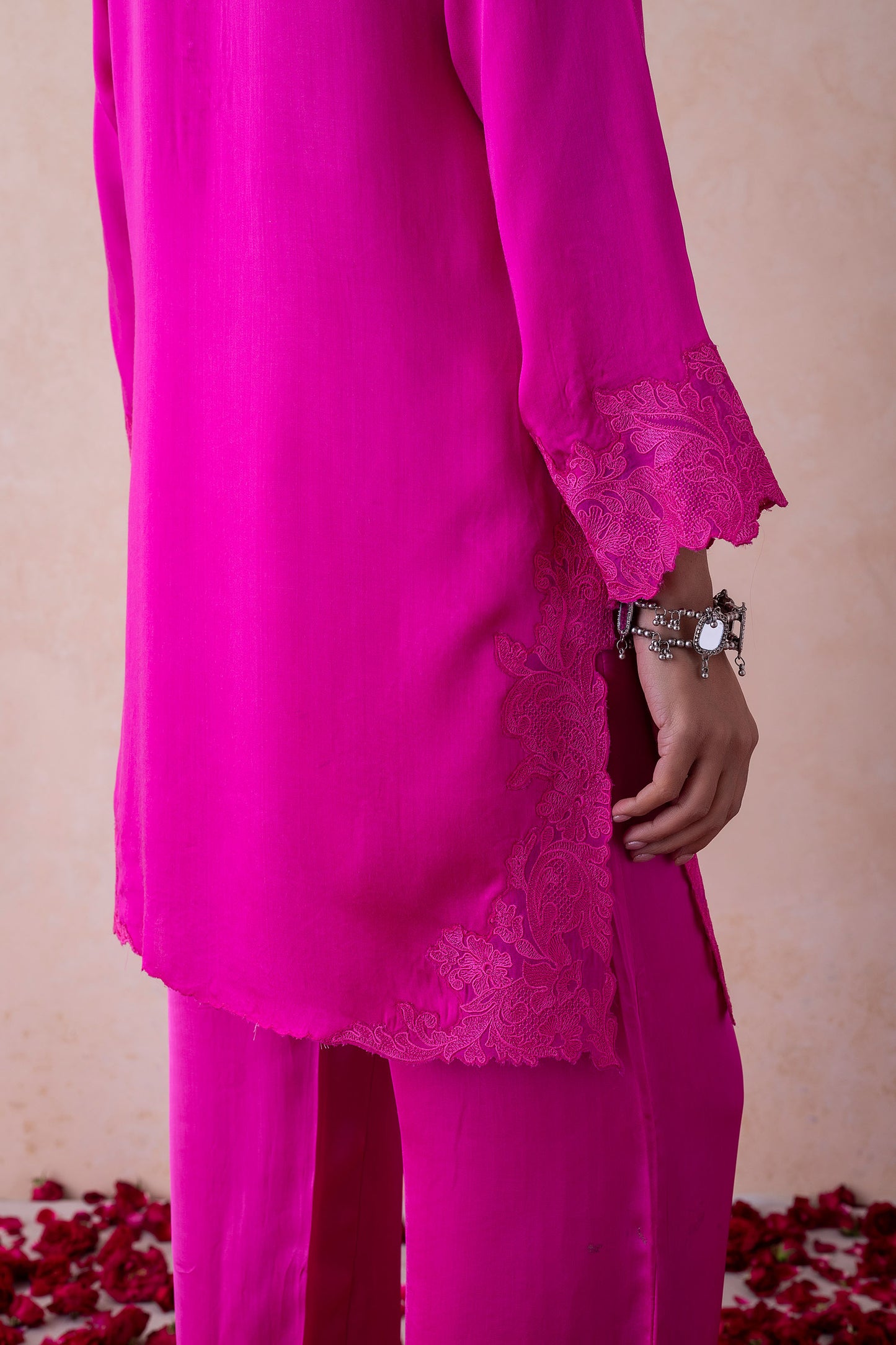 Malika Hot Pink Co-ord Set with Embellished Satin Kurta and Floral Organza Embroidery