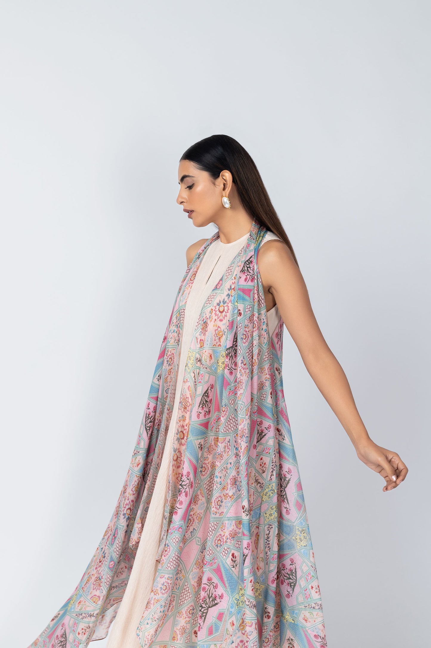 ROOHI Ivory A-Line Dress & Architectural Print Organza sleevless Jacket