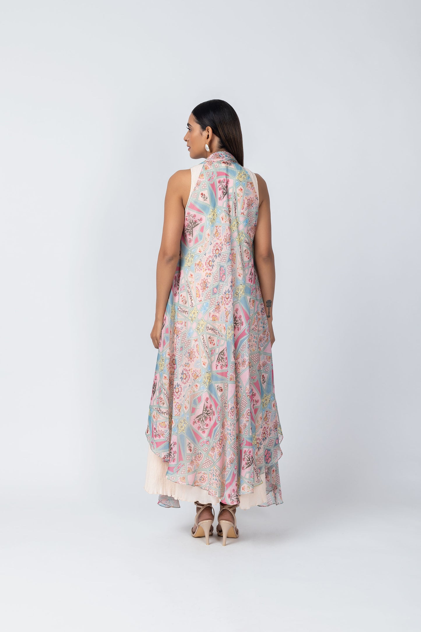 ROOHI Ivory A-Line Dress & Architectural Print Organza sleevless Jacket