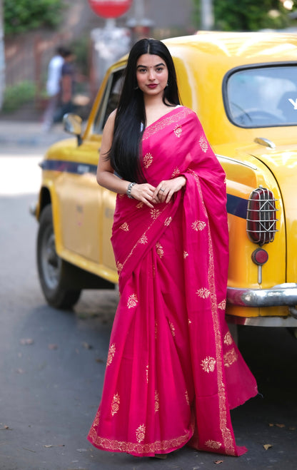 Gulkand - Red Handblock Print Natural Dyed - Mulmul Cotton Saree