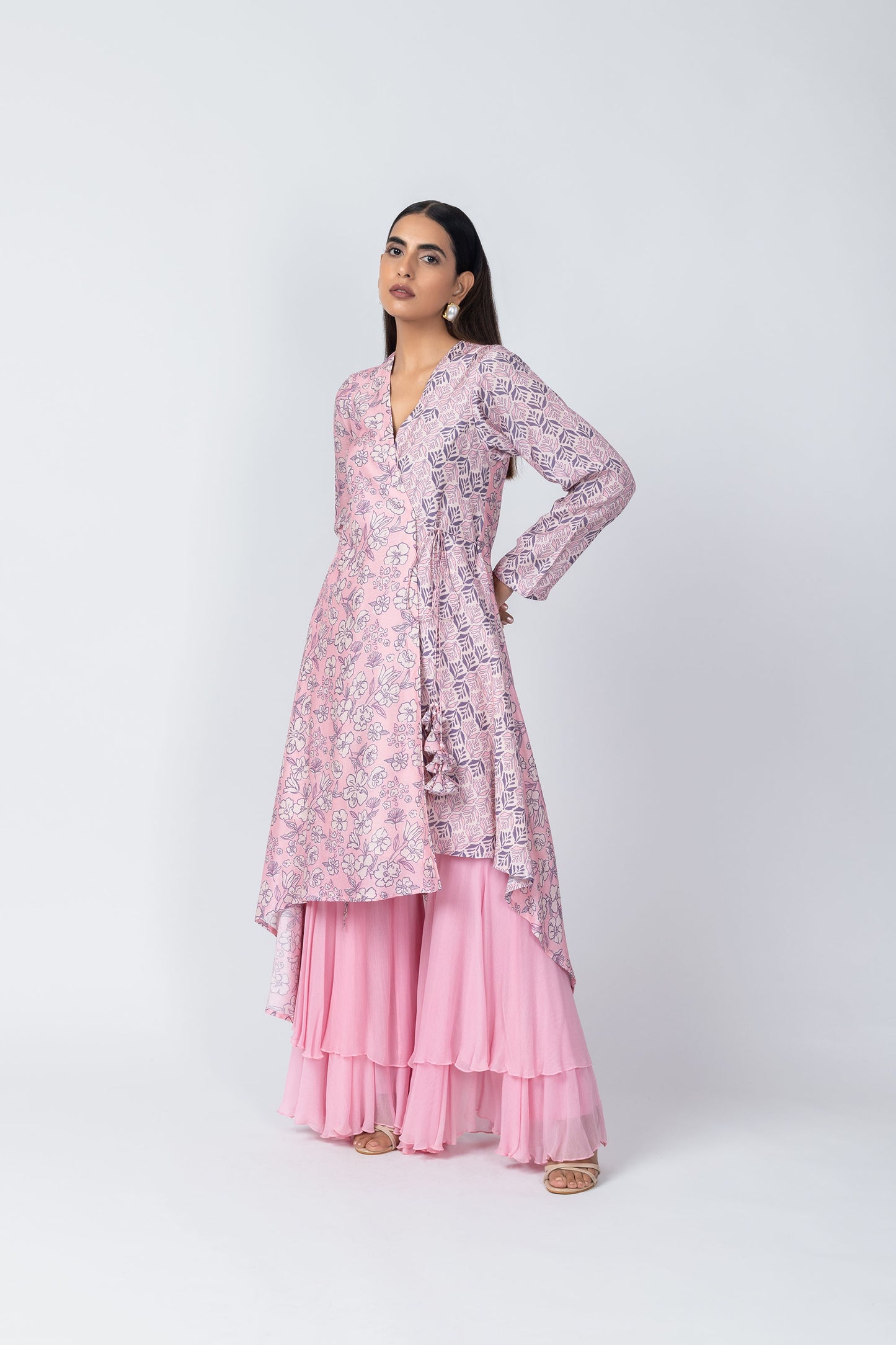 Saba Wrap Asymmetric Printed Kurta with Baby Pink Sharara
