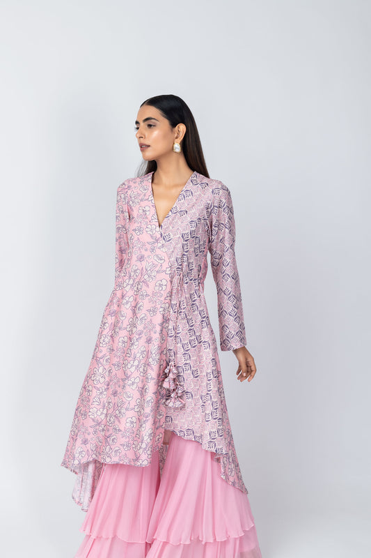 Saba Wrap Asymmetric Printed Kurta with Baby Pink Sharara