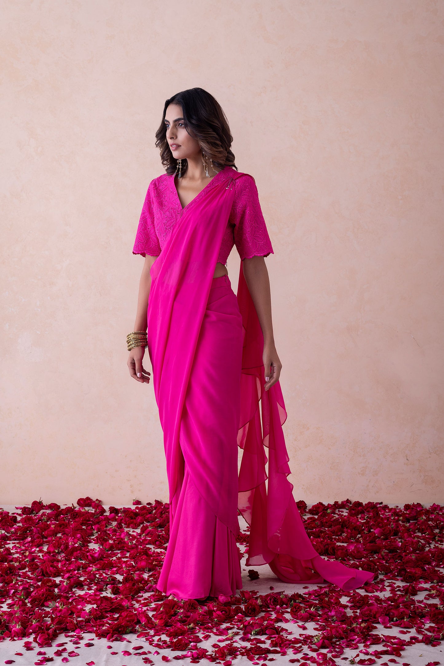 Bebo Hot Pink Organza Halter Neck schiffli embroidery Top & Sharara Set